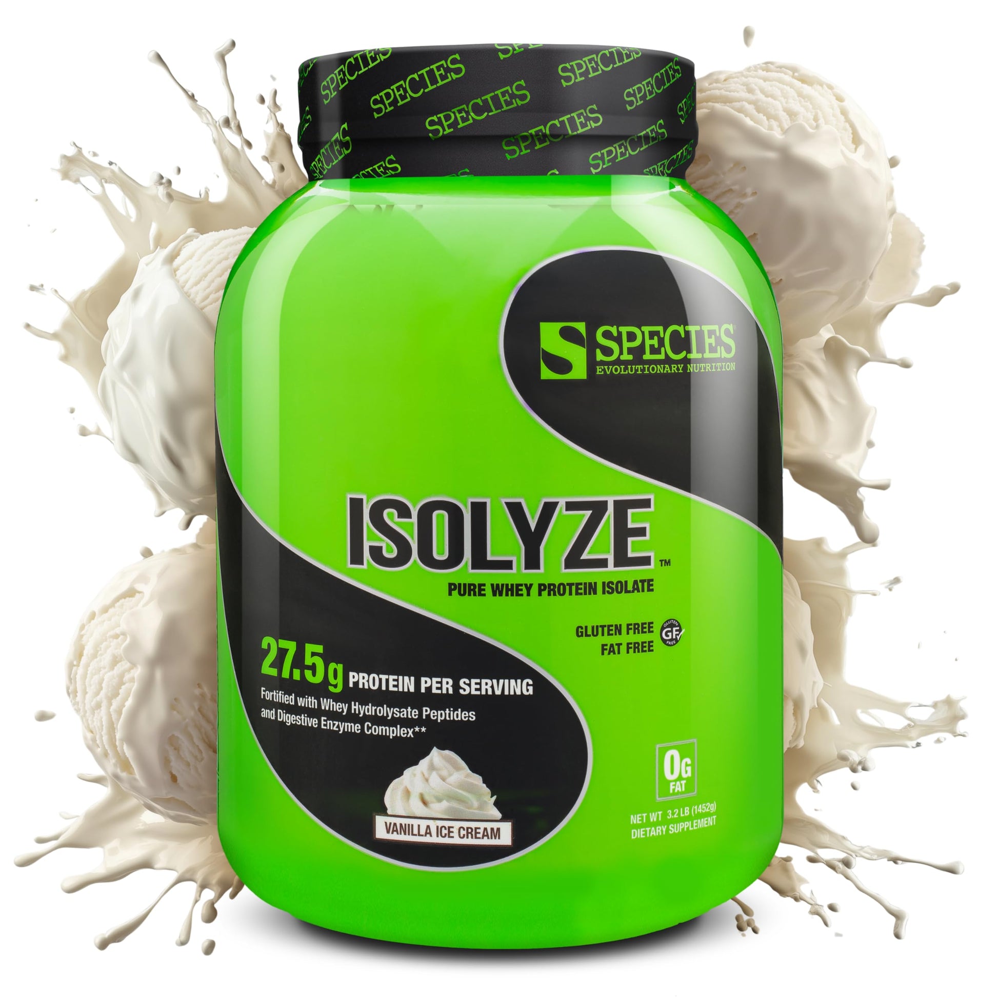 Species Nutrition Isolyze Whey Protein Powder Vanilla Ice Cream, 100% Whey Isolate for Muscle Building, 27.5g Protein Per Scoop, No Sugar & Low Fat, 49.6 oz