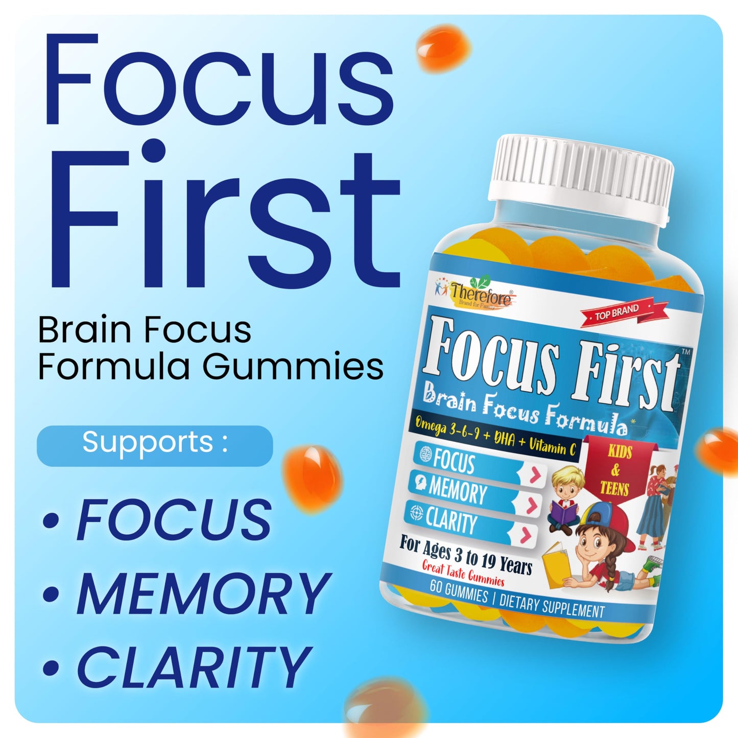 Therefore Focus Gummies for Kids & Teens Omega-3 DHA for Memory, Concentration and Attention, 60 Gummies