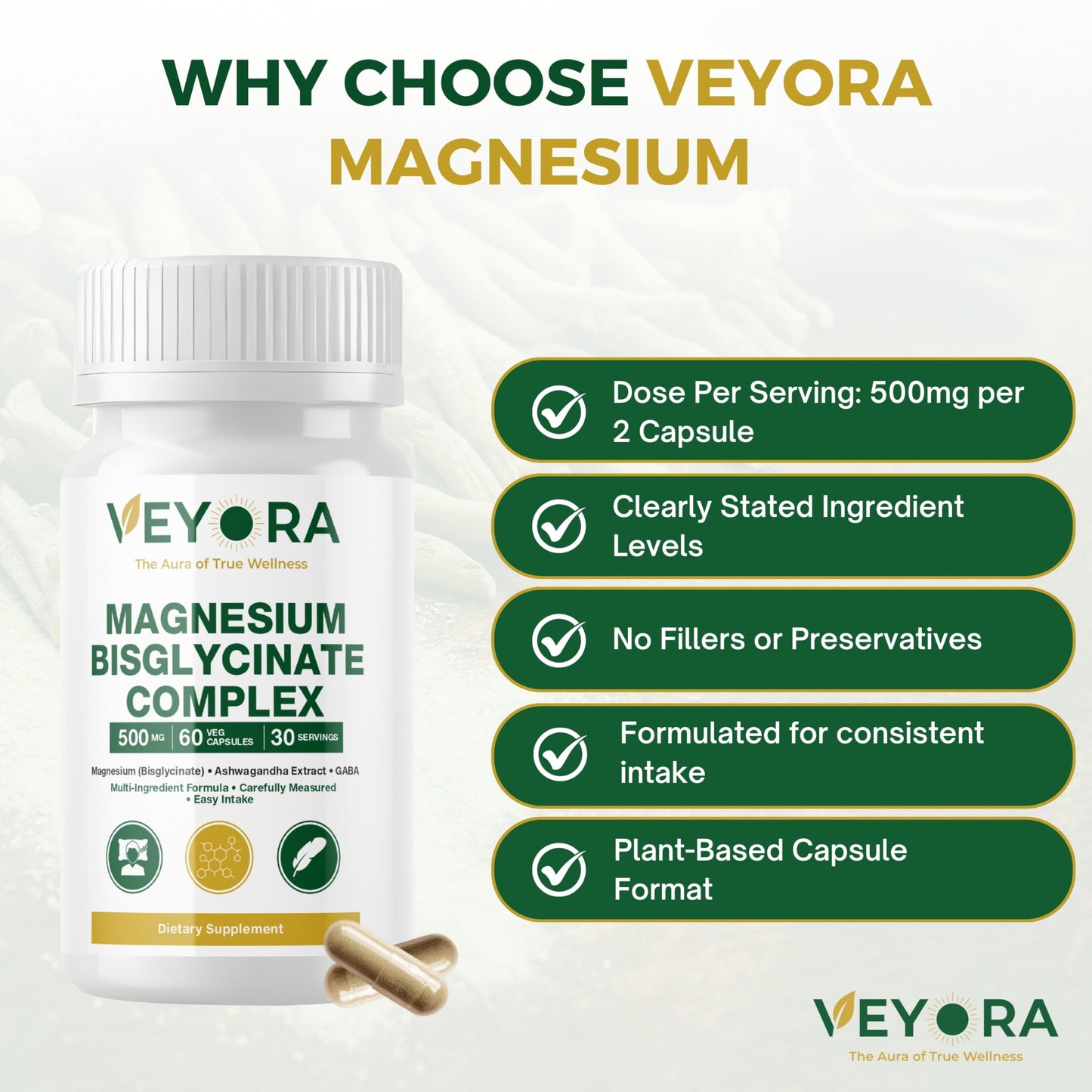 VEYORA Magnesium Bisglycinate Complex 5000 mg Capsules, 60 Count