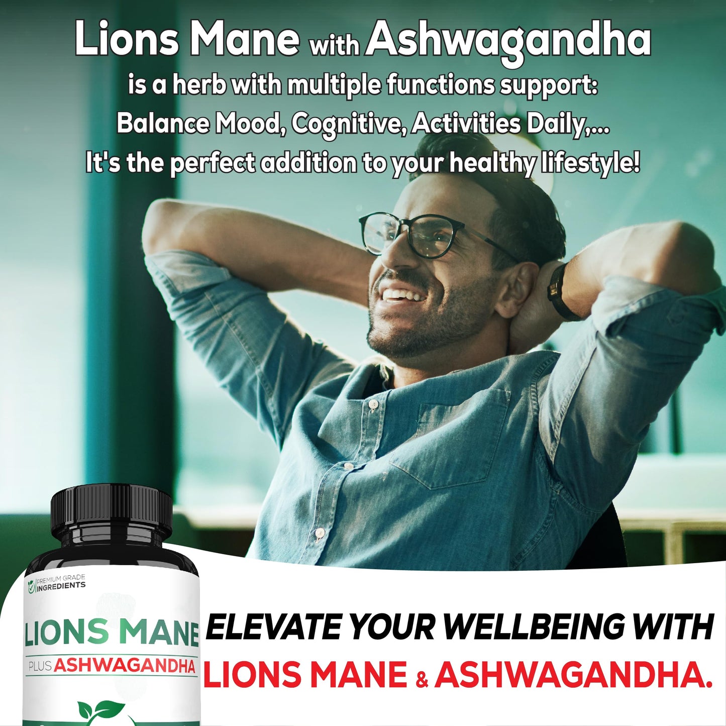 Satoomi Lions Mane Supplement Capsules with Ashwagandha, 90 Capsules
