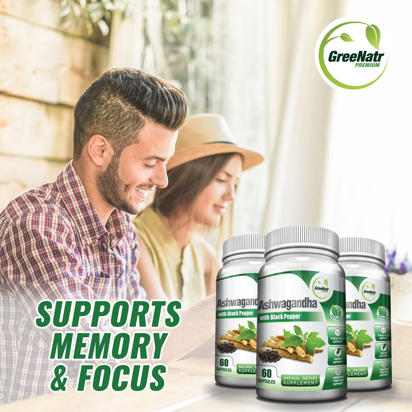 GreeNatr Organic Ashwagandha Capsules with Black Pepper for Enhanced Absorption, 60 Veggie Capsules