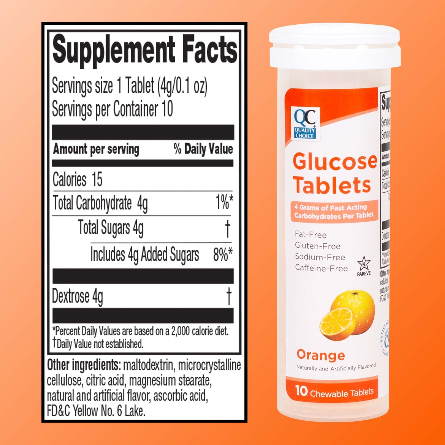 Quality Choice Fast Acting Glucose Tablets Orange Flavor, 30 Tablets