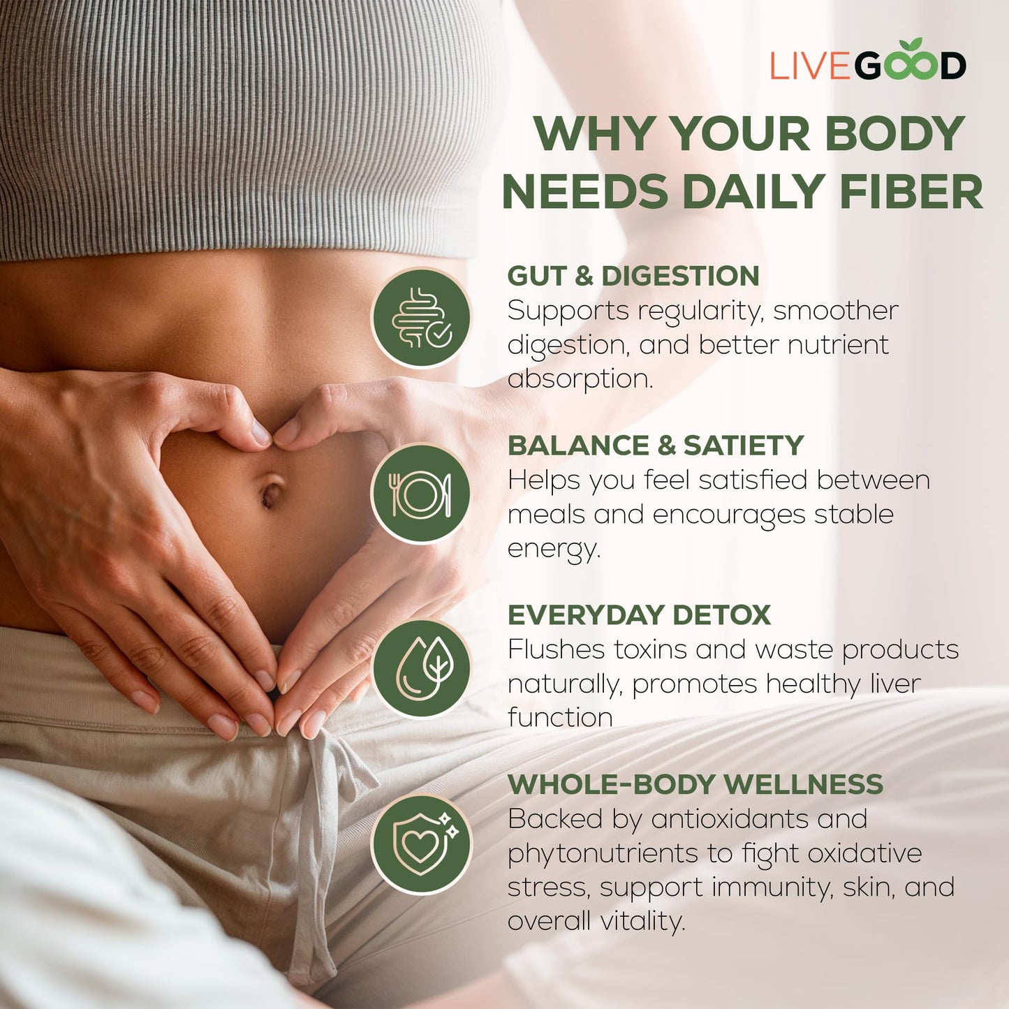 LIVEGOOD Organic Fiber Powder with Agave Inulin, Psyllium Husk, Pea Fiber, 10 Plant-Based Sources for Digestion Detox, Gut Support and Daily Wellness Organic Fiber Supplement, 10.2 Ounce