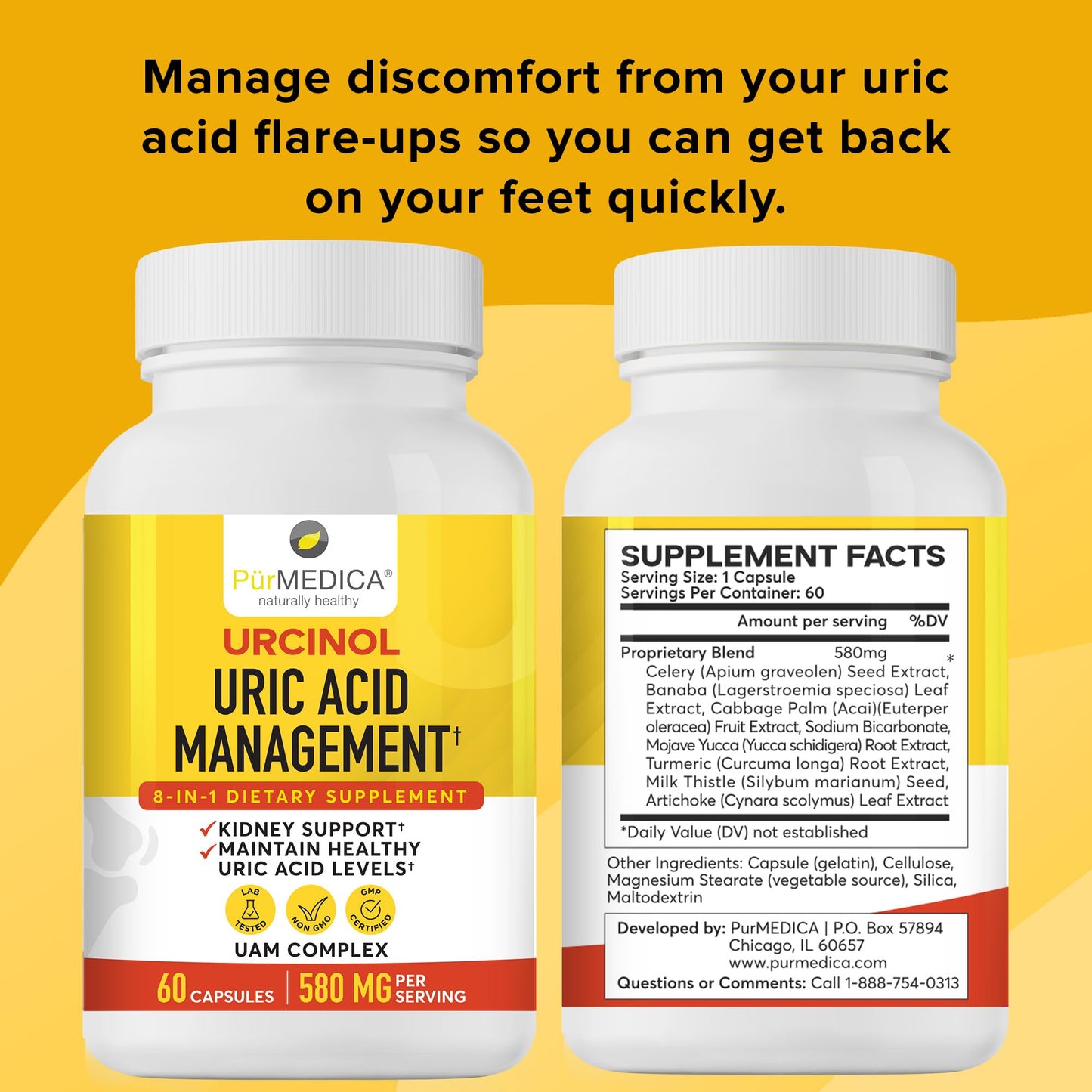 PurMEDICA Urcinol Uric Acid Supplement for Joint Support Capsules 60 Count