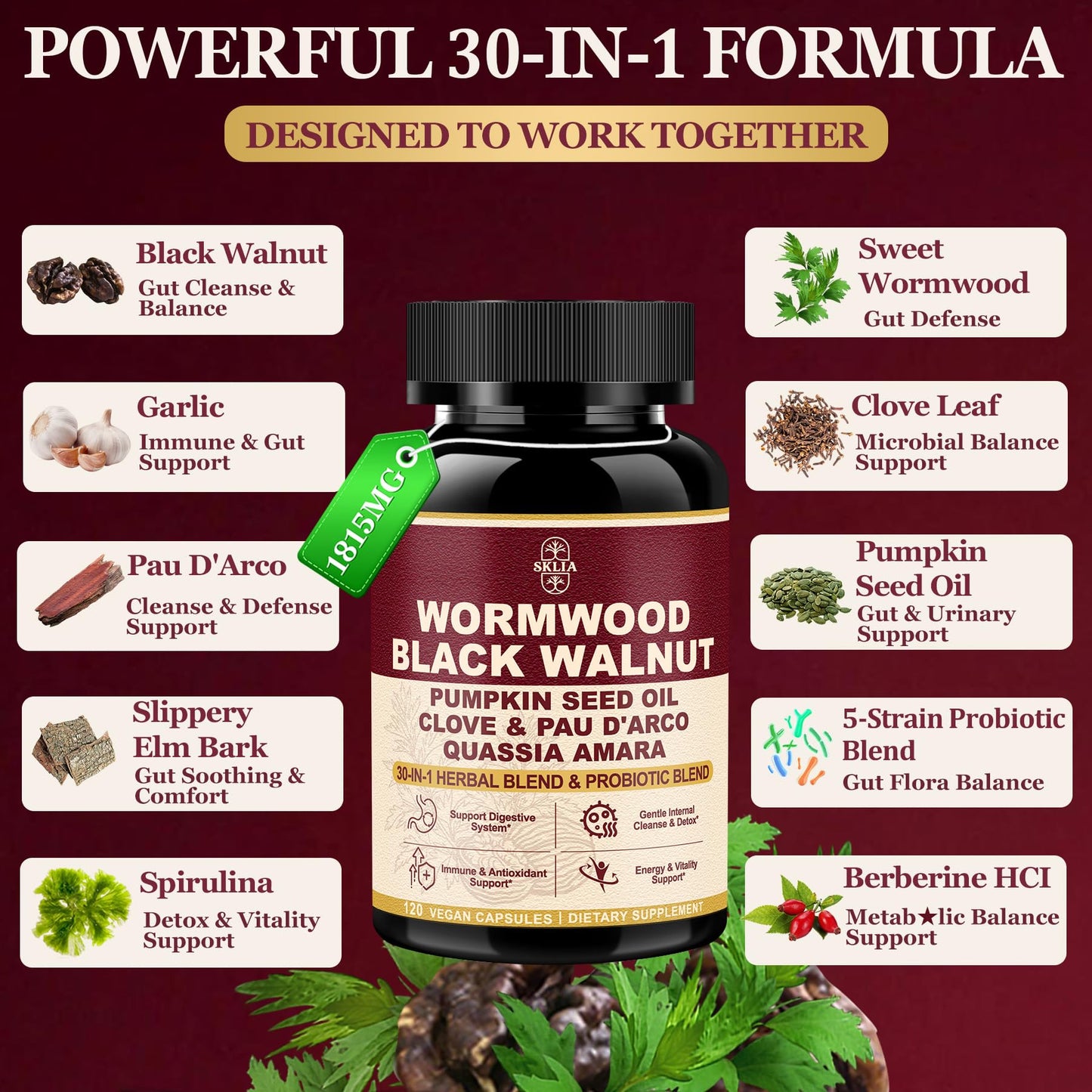SKLIA 30-in-1 Liposomal Wormwood Black Walnut Clove Cleanse Capsules, 240 Capsules