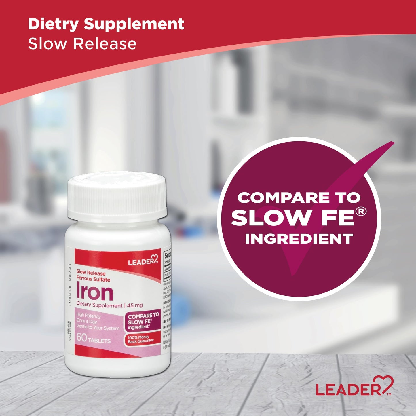 Leader Slow Release Iron 45 mg Tablets, 60 Count
