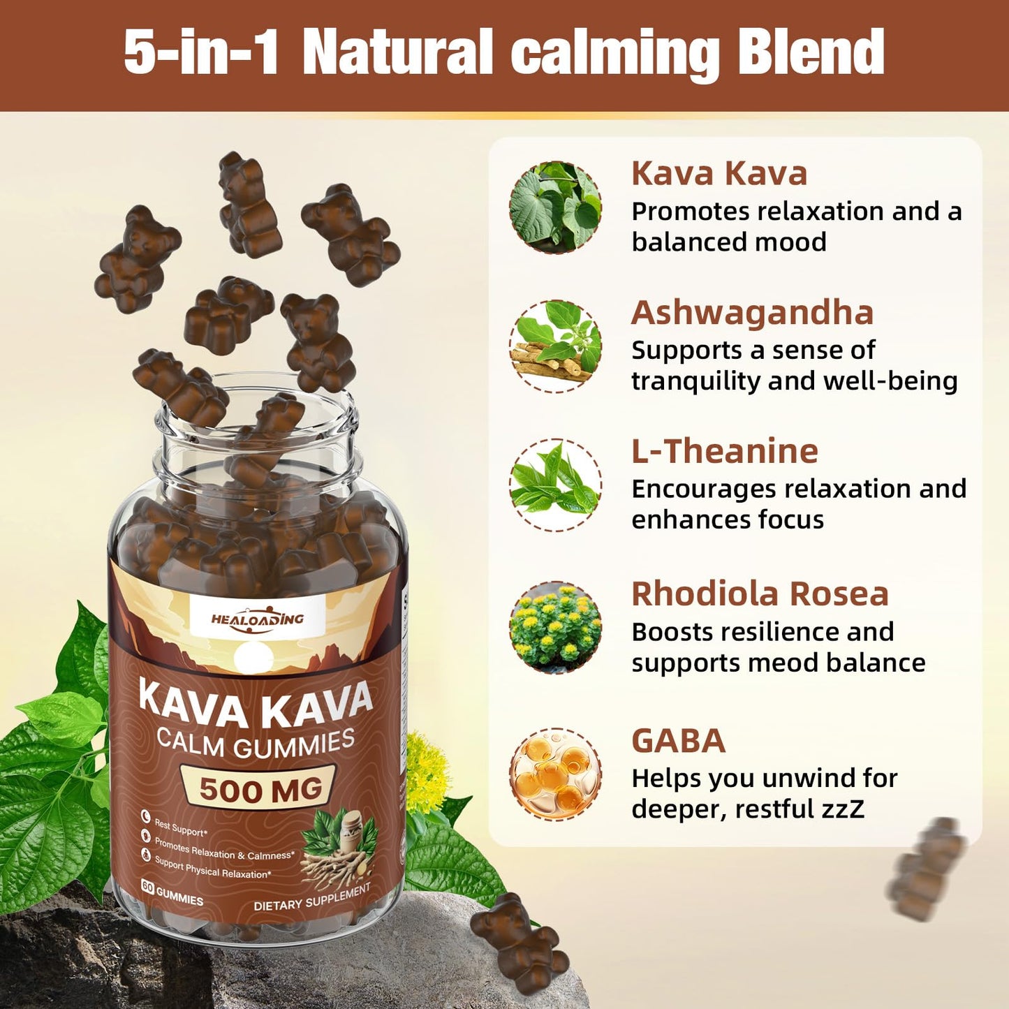 HEALOADING Kava Kava Root Extract Supplement Gummies, 60 Count