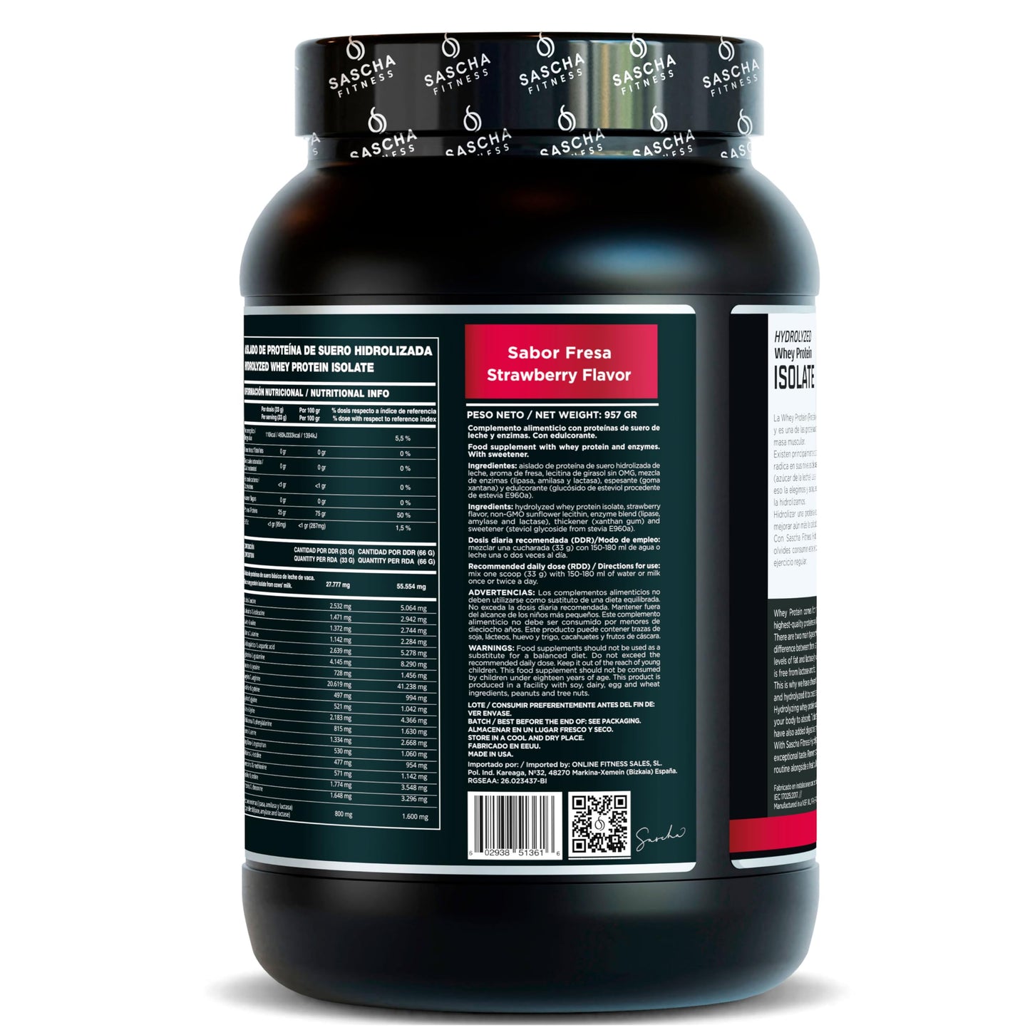 SASCHA FITNESS Hydrolyzed Whey Protein Isolate Powder Strawberry, 2.11 lb