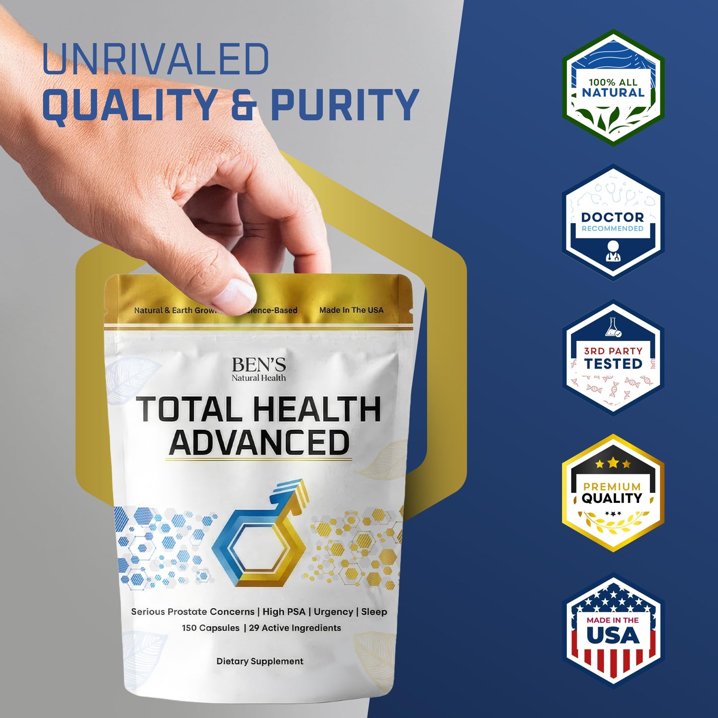 Ben's Natural Health Total Health Advanced Prostate Support Supplement with 29 Ingredients Beta-Sitosterol, Vitamins C, D, E, Zinc, Pygeum, Turmeric, Holy Basil 120 Tablets