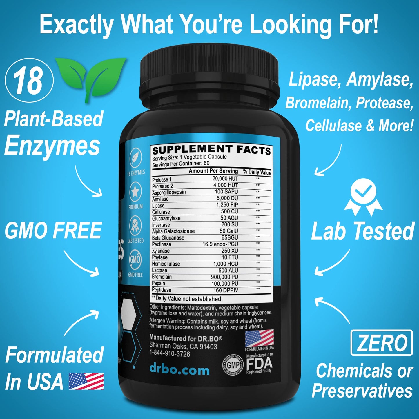 DR. BO Digestive Enzymes Plant Based Pancreatic & Proteolytic Enzyme Supplement Capsule 60 Count