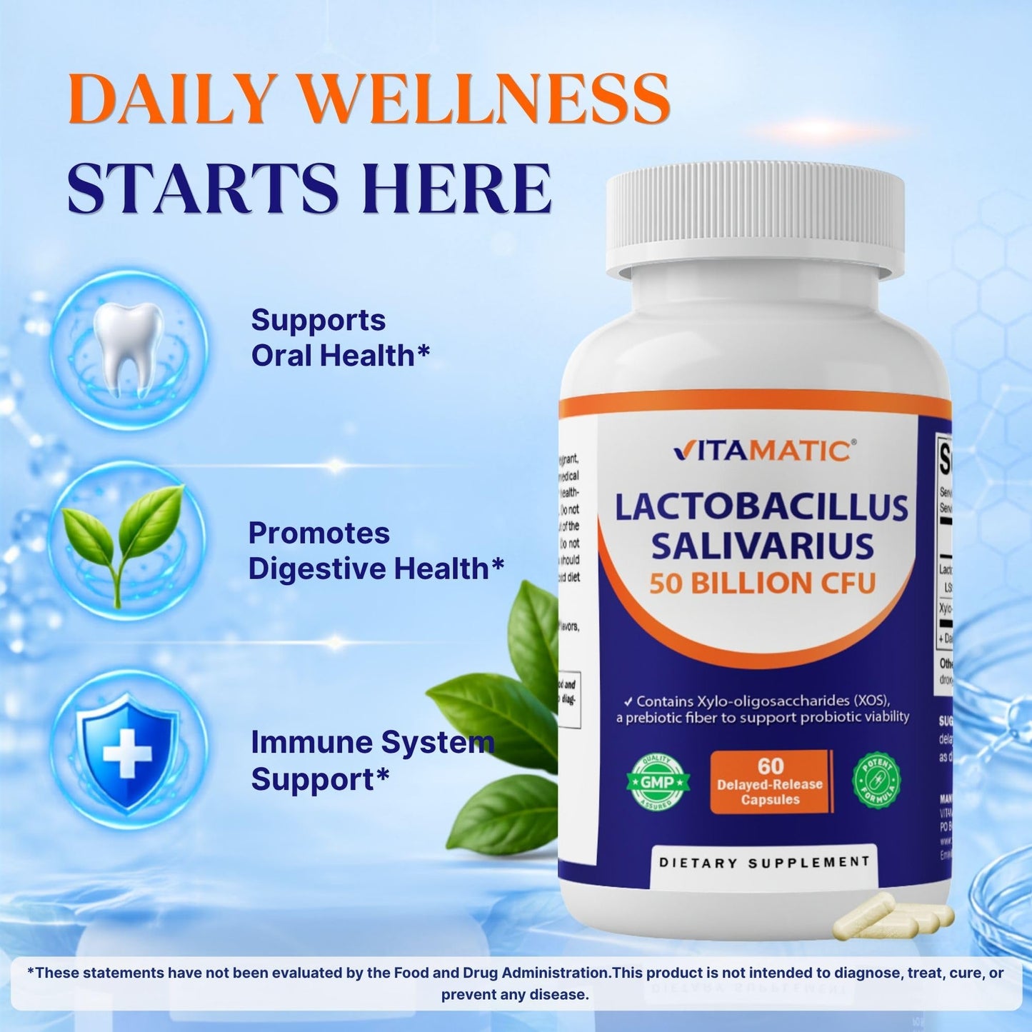 Vitamatic Lactobacillus Salivarius 50 Billion CFU with XOS Prebiotic, Delayed-Release Probiotic, Non-GMO, Gluten Free, 60 Capsules