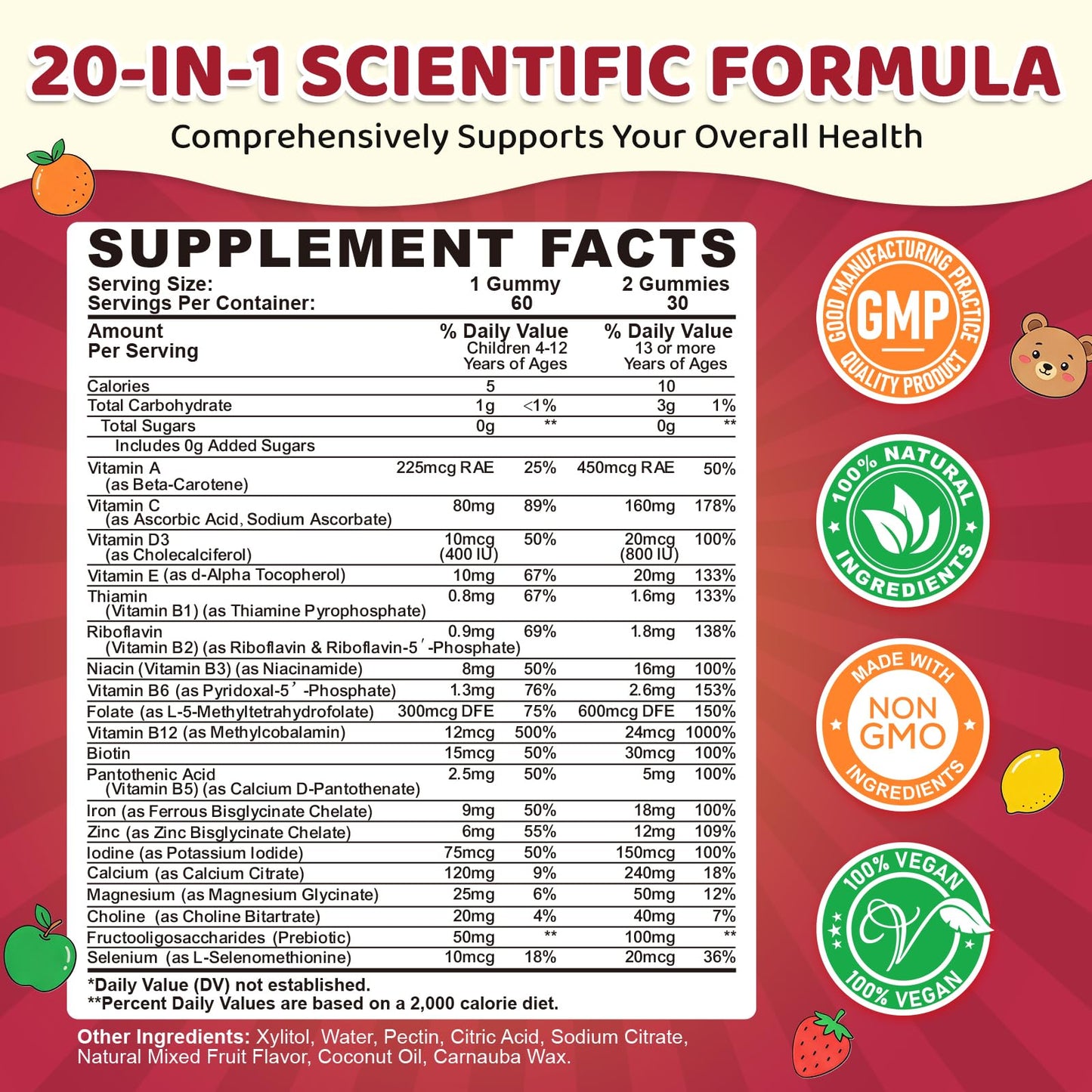 SEPT YAN Iron Supplement Gummies for Kids with Multivitamin and Iron, Vitamin B Complex, C, D3, Calcium, Folate, Zinc, FOS, Vegan, Mixed Fruit Flavor, 60 Count