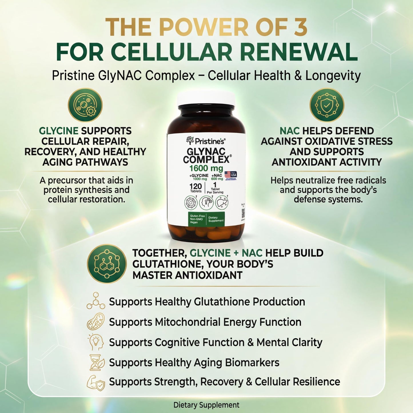 PRISTINE'S GlyNAC Supplement Complex 1600mg Capsule, 120 Capsules