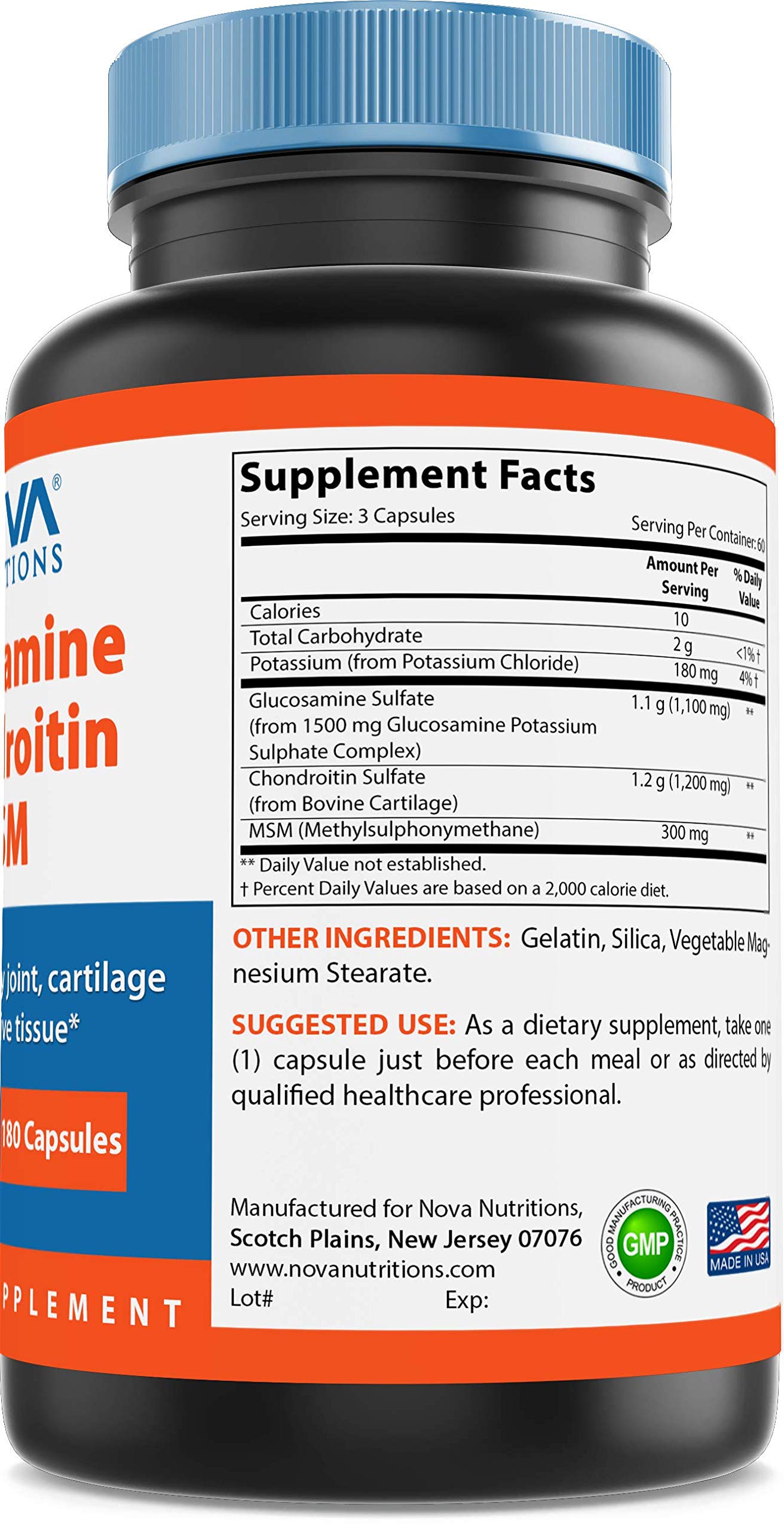 Nova Nutritions Triple Strength Glucosamine Chondroitin MSM Capsules, 180 Count