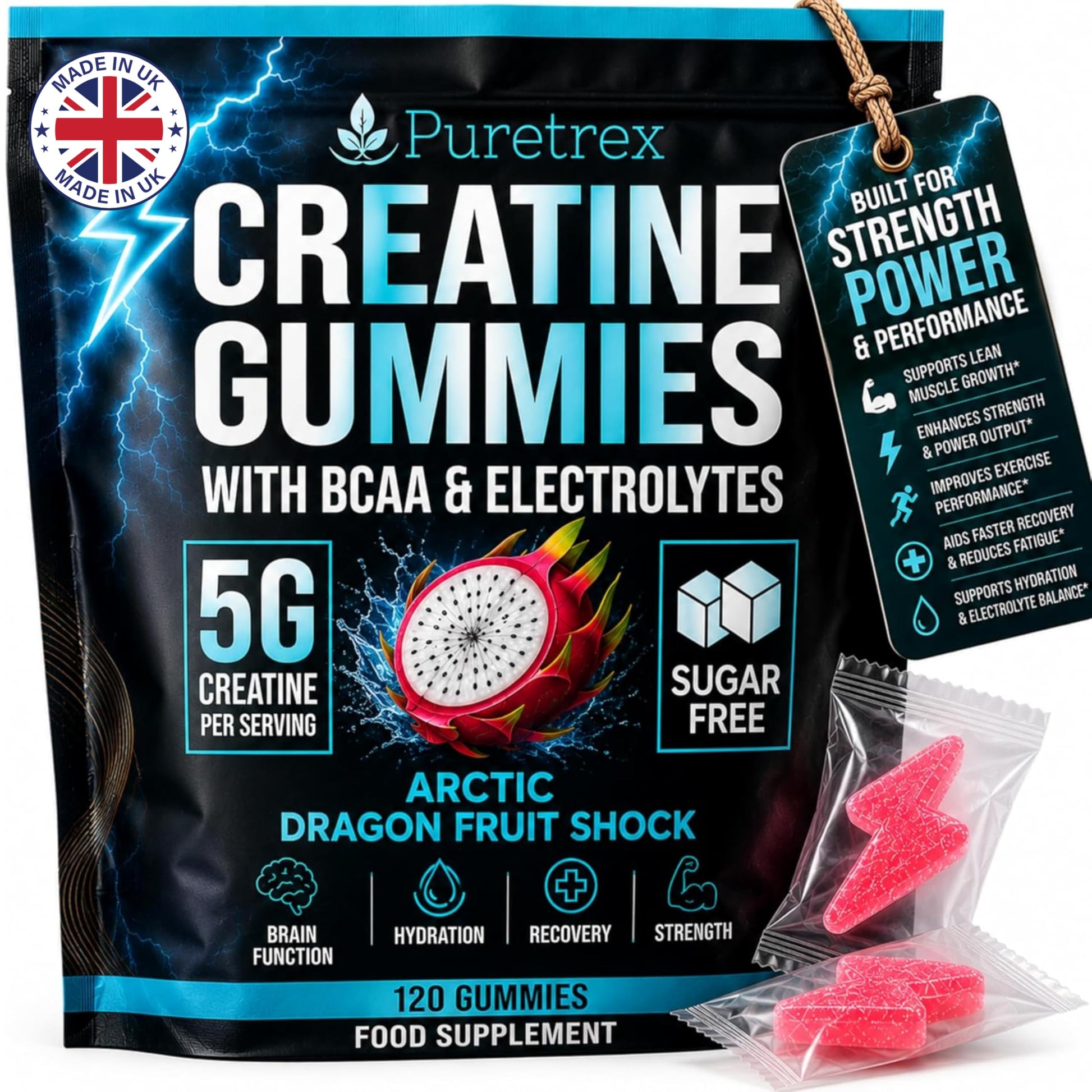 PURETREX Creatine Gummies with BCAA and Electrolytes, 120 Count