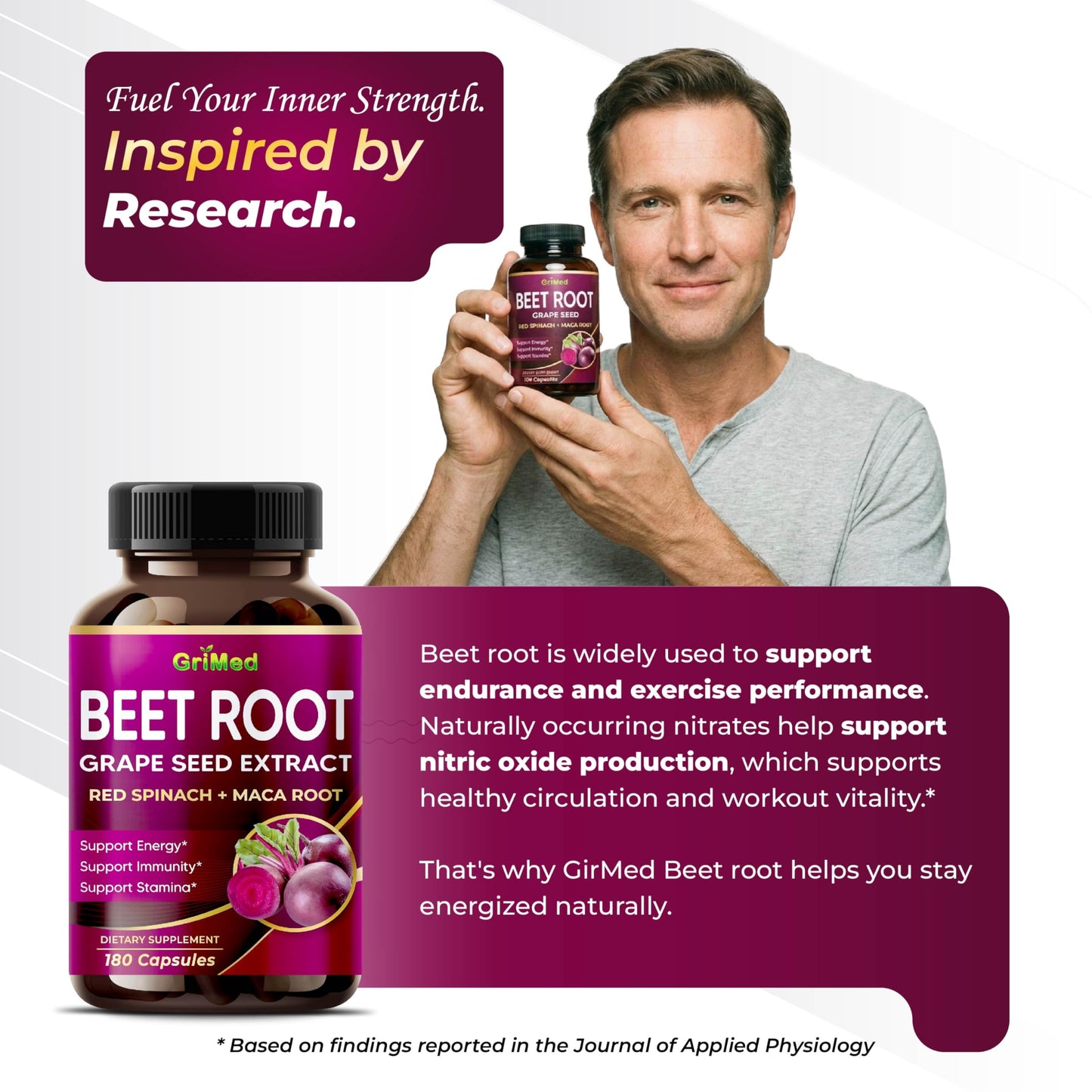 GriMed Beet Root with Grape Seed Extract, Maca Root, Red Spinach & Ashwagandha, 180 Capsules