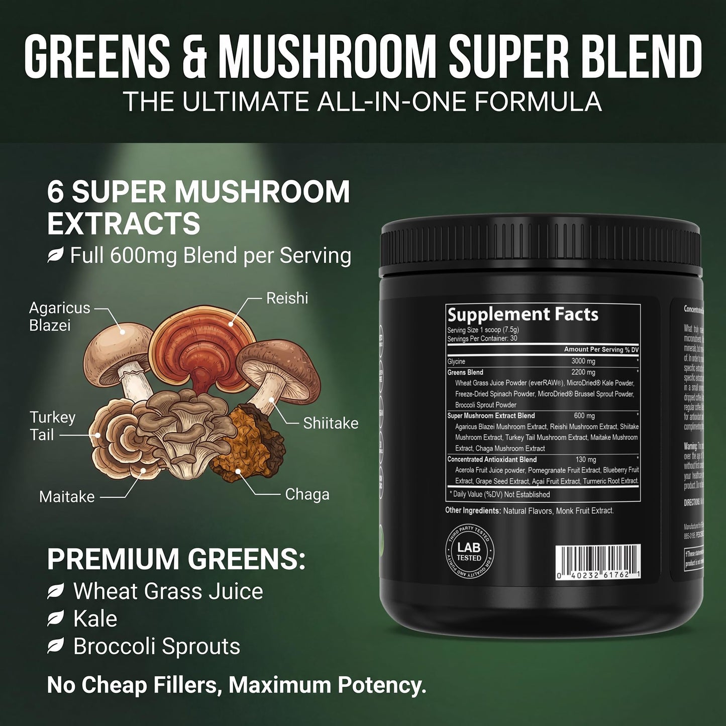 PEScience Greens Powder Superfood with Natural Chlorophyll, Reishi & Turkey Tail Mushroom Powders, Freeze-Dried Kale, Spinach, Broccoli Sprouts with Antioxidants, 6.9 oz
