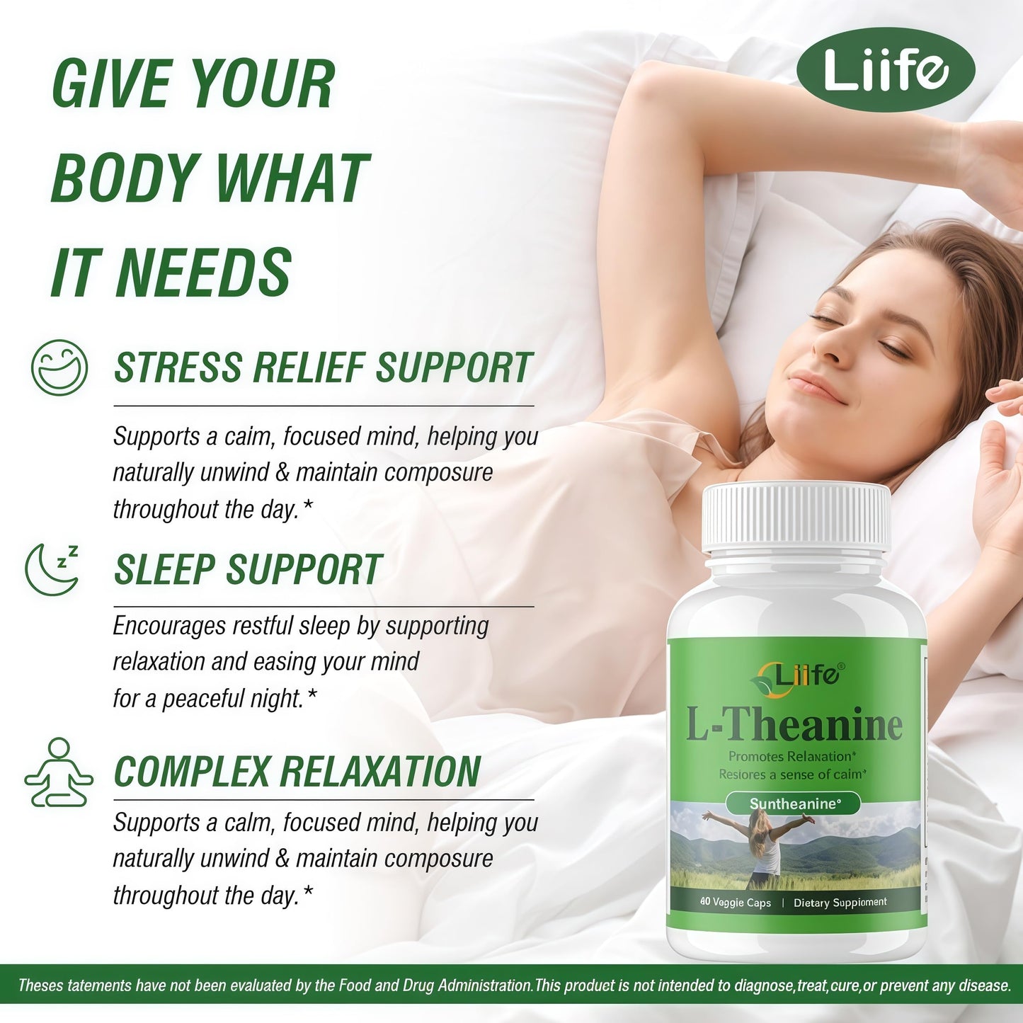 LIIFE L-Theanine (Suntheanine®) with GABA, Magnesium & Black Pepper – 60 Veggie Capsules