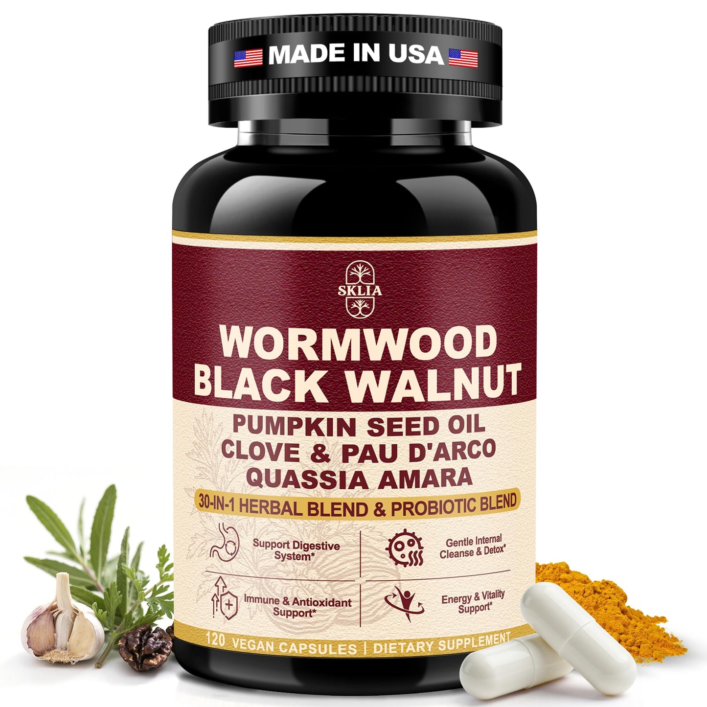 SKLIA 30-in-1 Liposomal Wormwood Black Walnut Clove Cleanse for Humans Capsules, 120 Count