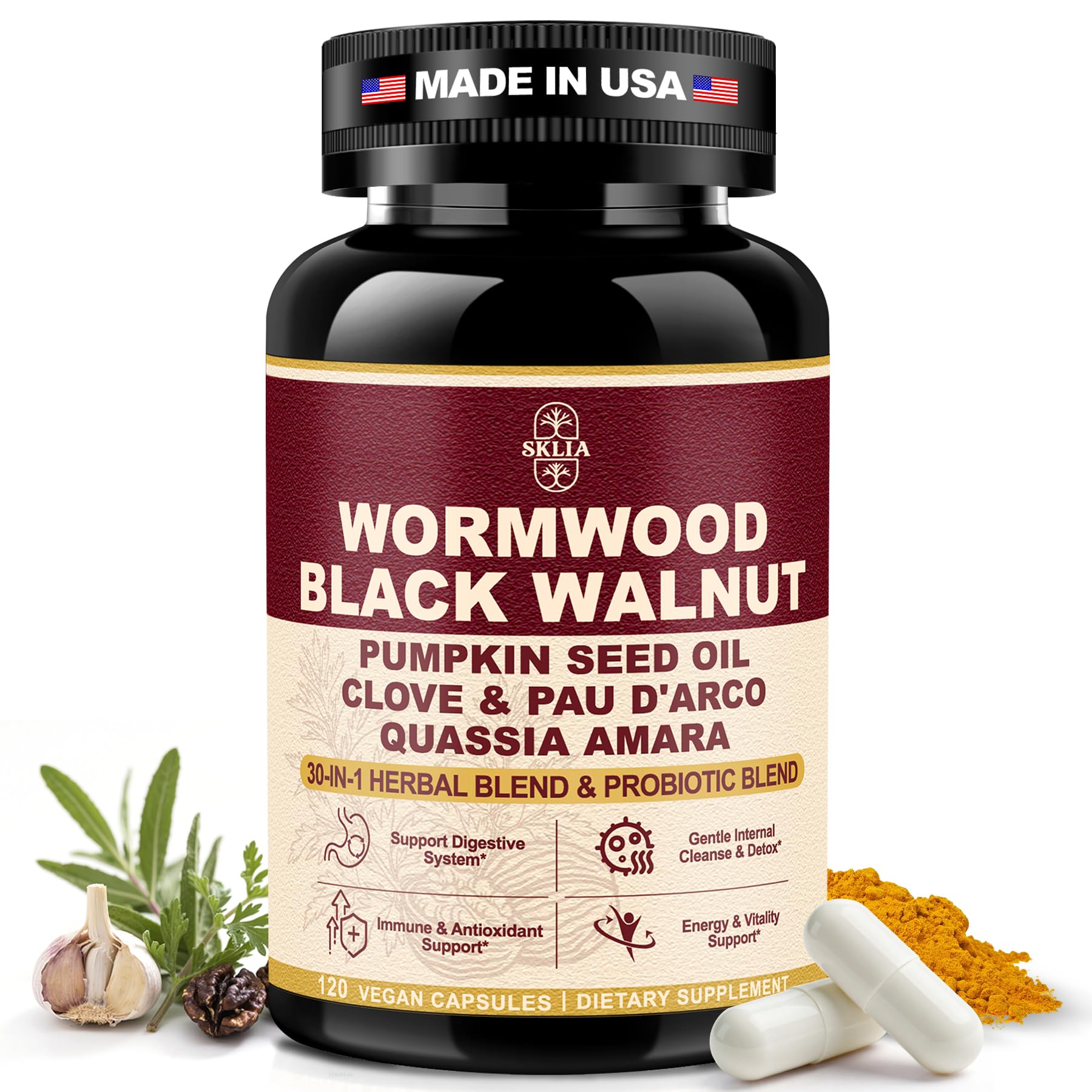 SKLIA 30-in-1 Liposomal Wormwood Black Walnut Clove Cleanse for Humans Capsules, 120 Count