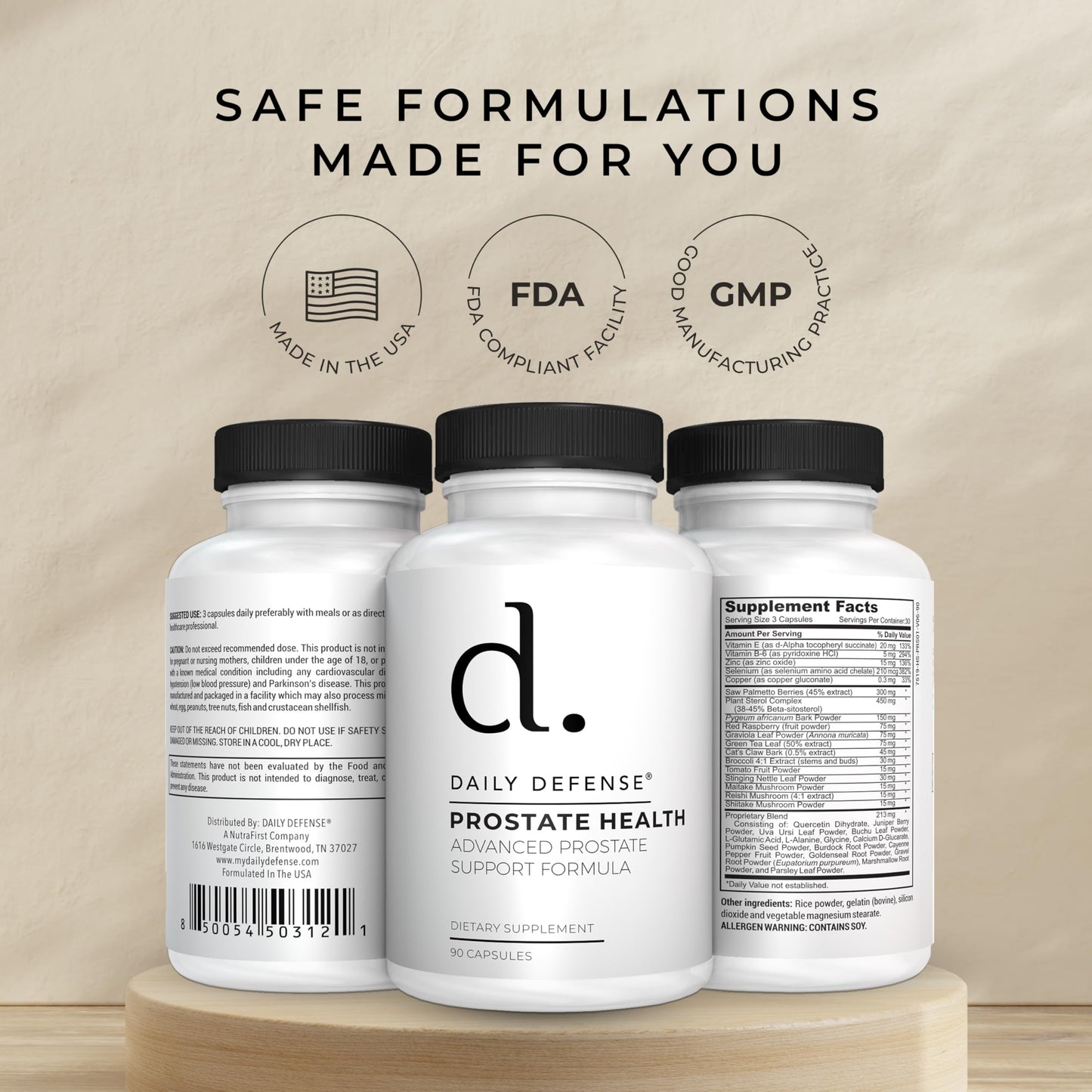Daily Defense Prostate Defense Prostate Health Supplement for Men with Saw Palmetto Powder, Vitamin E, Zinc, Mushrooms, Pumpkin Seed - Urinary Prostate Support Capsules 90