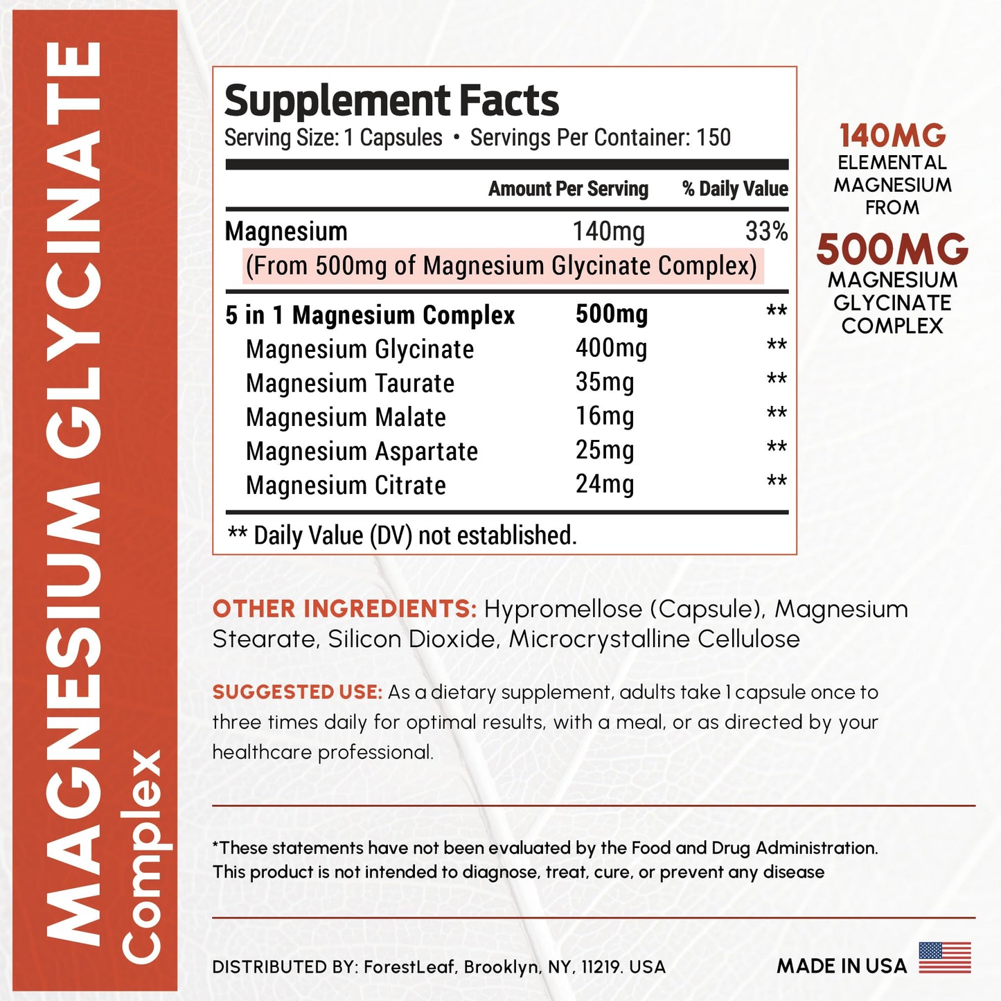 ForestLeaf Magnesium Glycinate 500mg Complex Capsules - Magnesium Supplement for Sleep and Calmness, Non-GMO, 3rd Party Tested, 150 Count