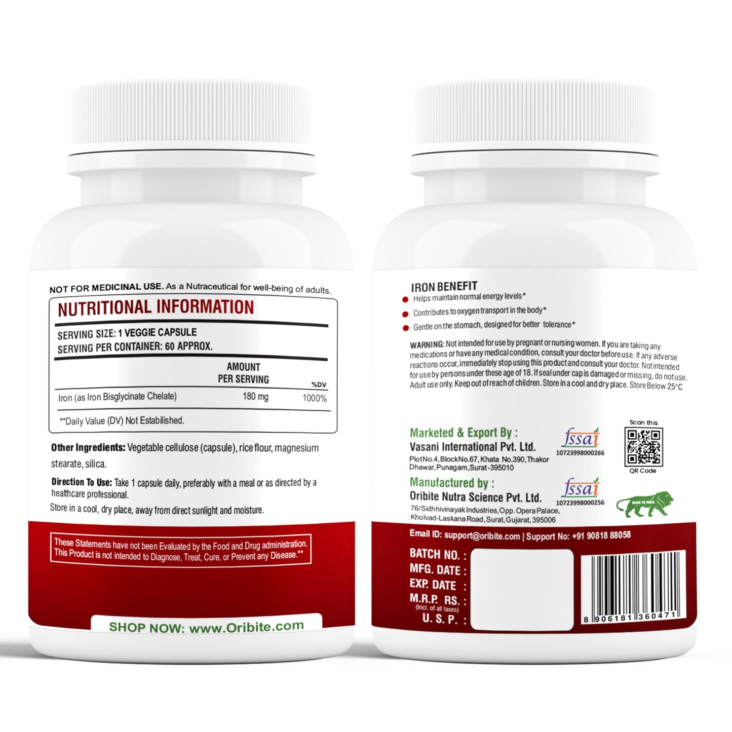 ORIBITE Iron Bisglycinate 180mg High Potency Iron Supplement – 60 Veg Capsules