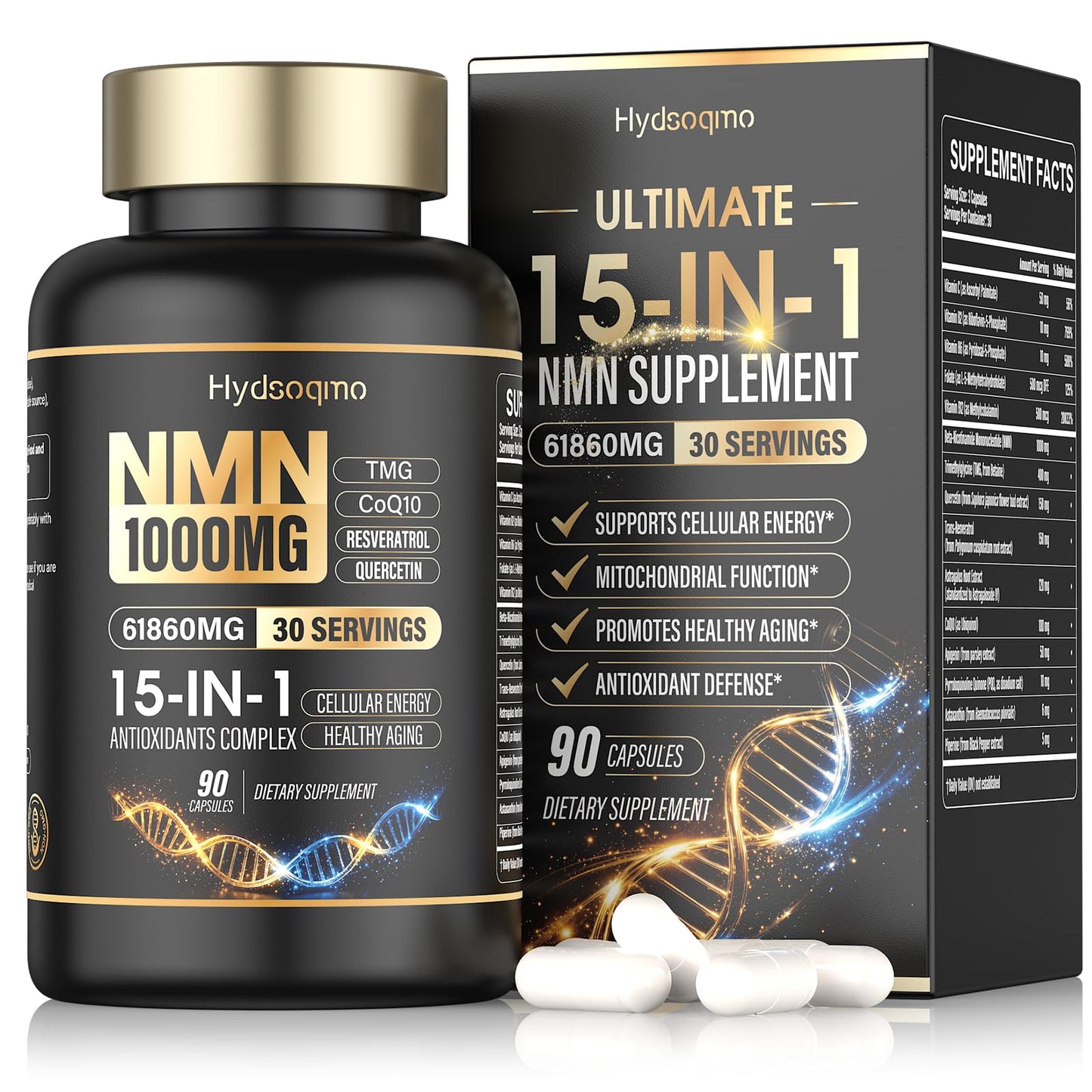 Hydsoqmo NMN 15-IN-1 1000mg Capsule with Resveratrol, TMG, Ubiquinol CoQ10, PQQ & Quercetin NAD Resveratrol Supplement for Cellular Energy & Healthy Aging, 90 Capsules