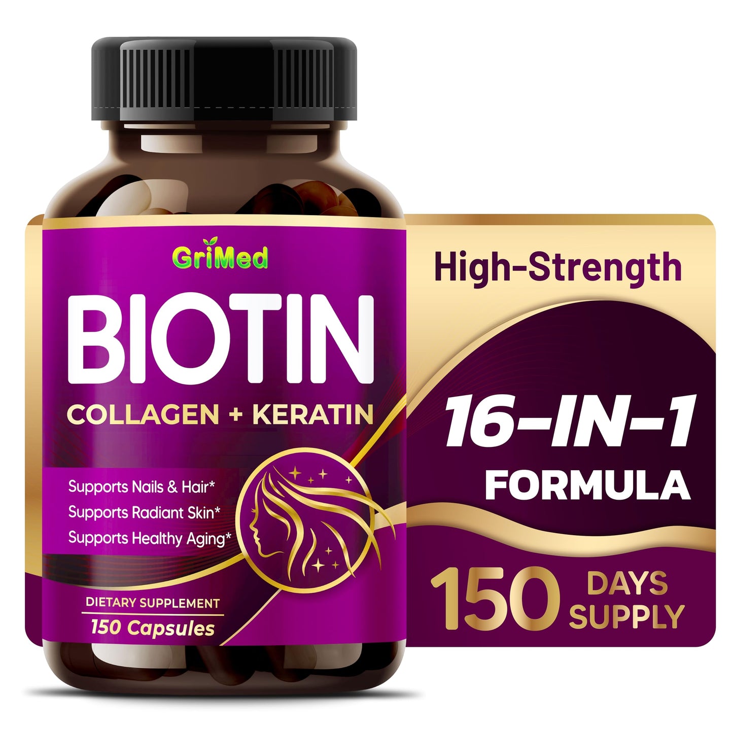 GriMed Biotin Capsules with Collagen, Keratin, Hyaluronic Acid & Resveratrol, Hair Skin and Nails Support, 150 Capsules