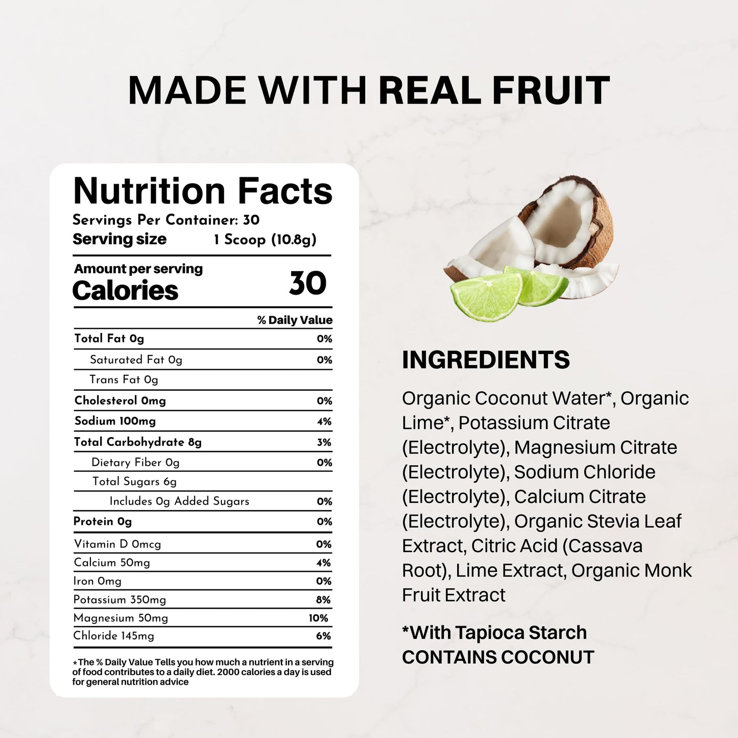 JUST INGREDIENTS Coconut Lime Electrolyte Powder 30 Servings