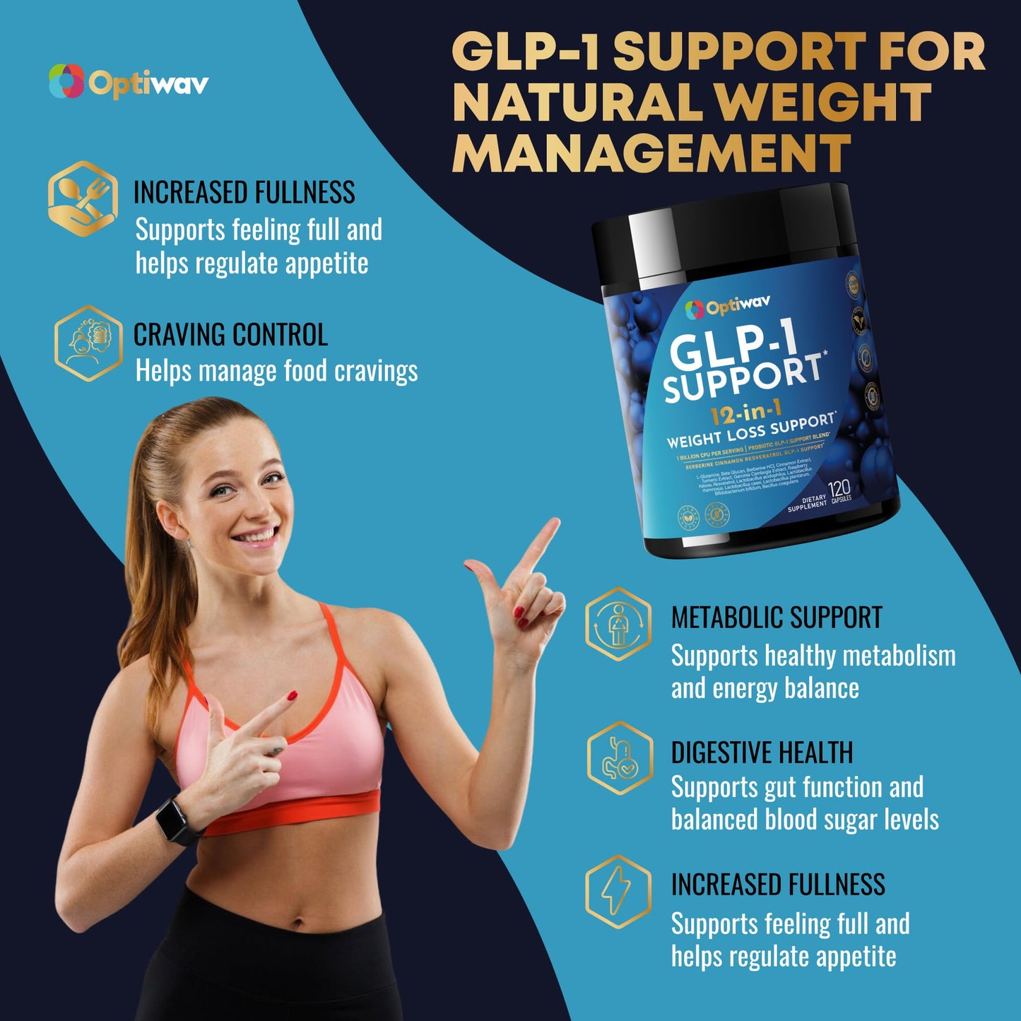 Optiwav GLP-1 Support Probiotic Weight Loss Supplement with Berberine Capsules 120 Count