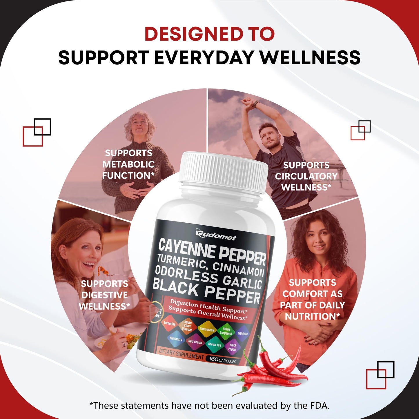 GUDOMET Cayenne Pepper Turmeric Odorless Garlic Cinnamon Fenugreek Citrus Bergamot Artichoke Blueberry Green Tea Black Pepper Capsules, 150 Count