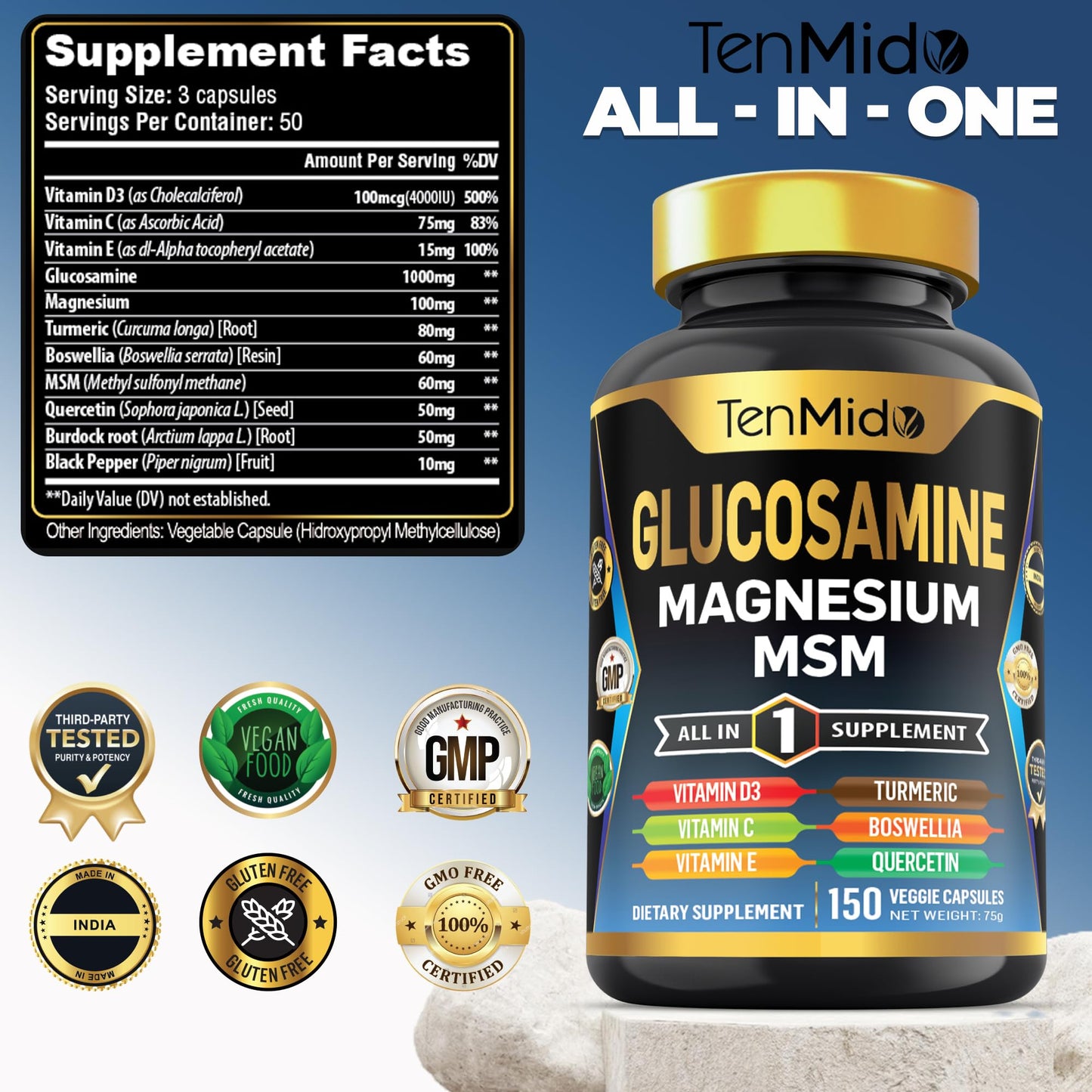 Tenmido Glucosamine MSM Supplement Capsule, 150 Capsules