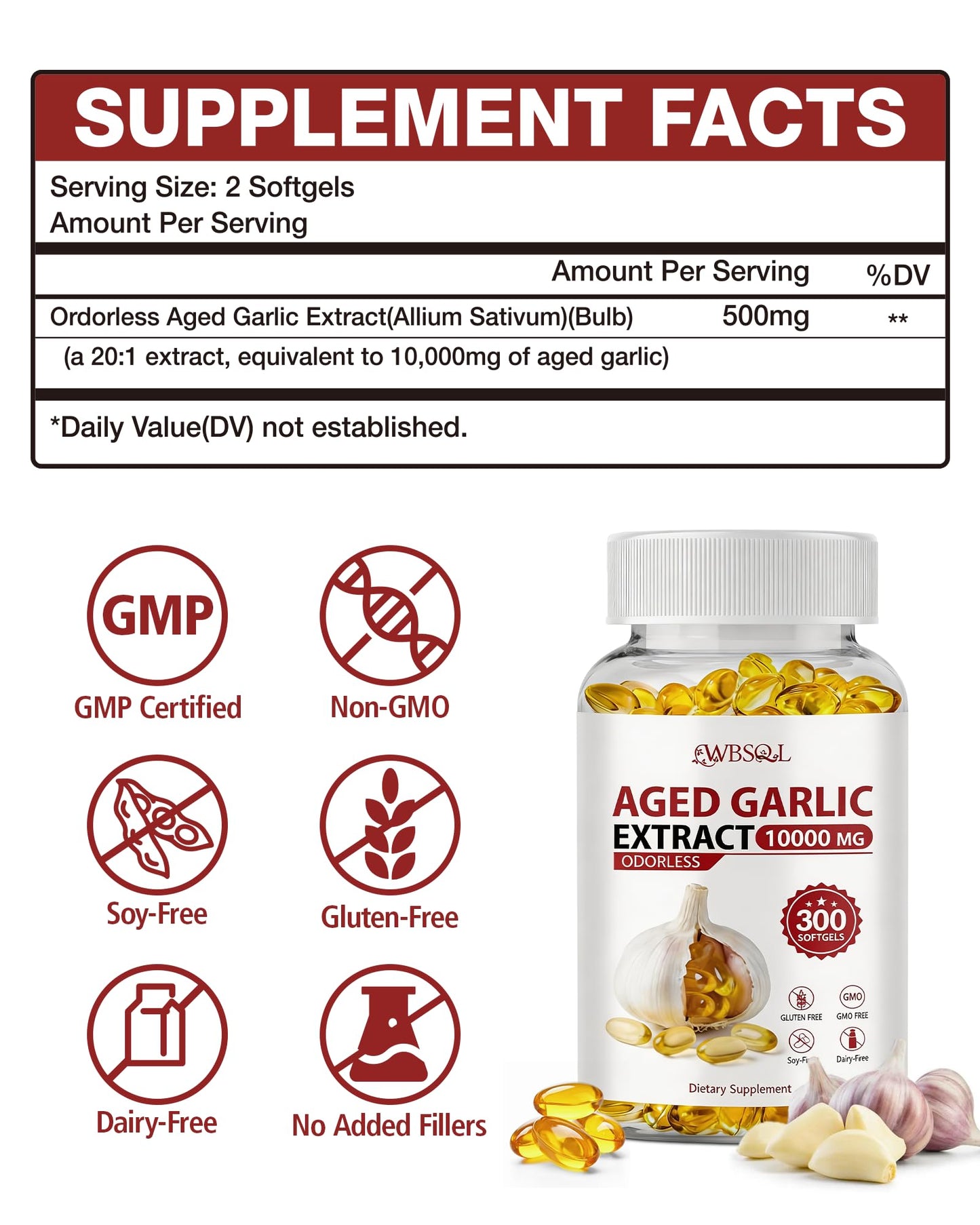 WBSQL Odorless Aged Garlic Extract 500mg Softgels, 300 Count