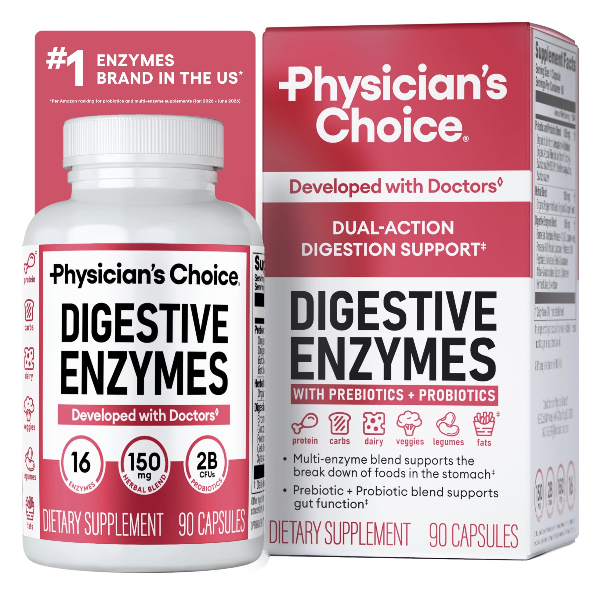 Physician's CHOICE Digestive Enzymes for Bloating & Digestion - Fast-Acting 16 Enzyme Formula with Organic Prebiotics & Probiotics for Gut & Digestive Health - Meal Time Discomfort Relief, 90 Capsules