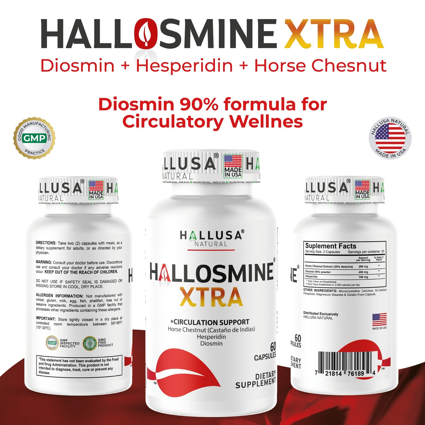 Hallusa Natural Hallosmine Xtra 850mg Diosmin Hesperidin & Horse Chestnut Capsules 60 Count