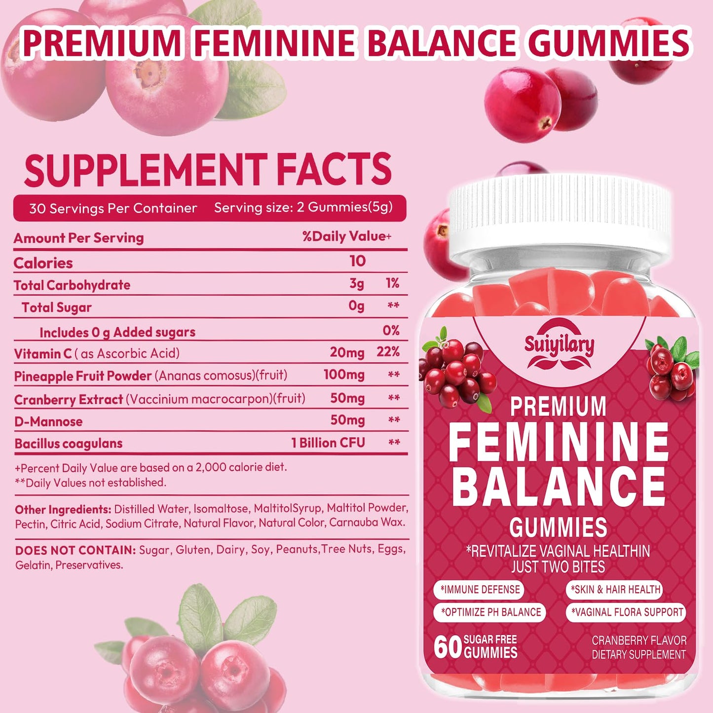Suiyilary Feminine Probiotics Gummy Cranberry 60 Count