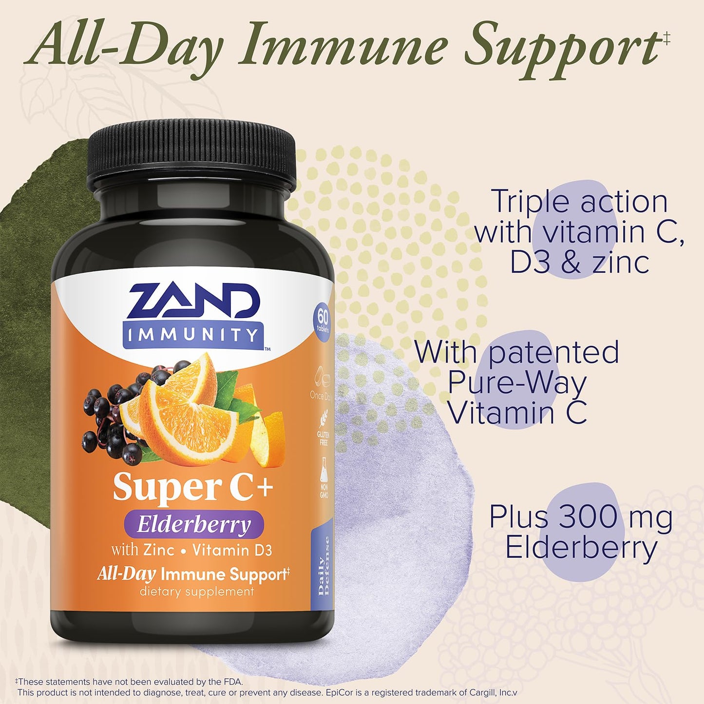 ZAND Immunity Super C+ with Elderberry All Day Immune Support 1000mg PureWay-C Vitamin C Plus Zinc & Vitamin D-3 Enhanced Absorption 60 Tablets