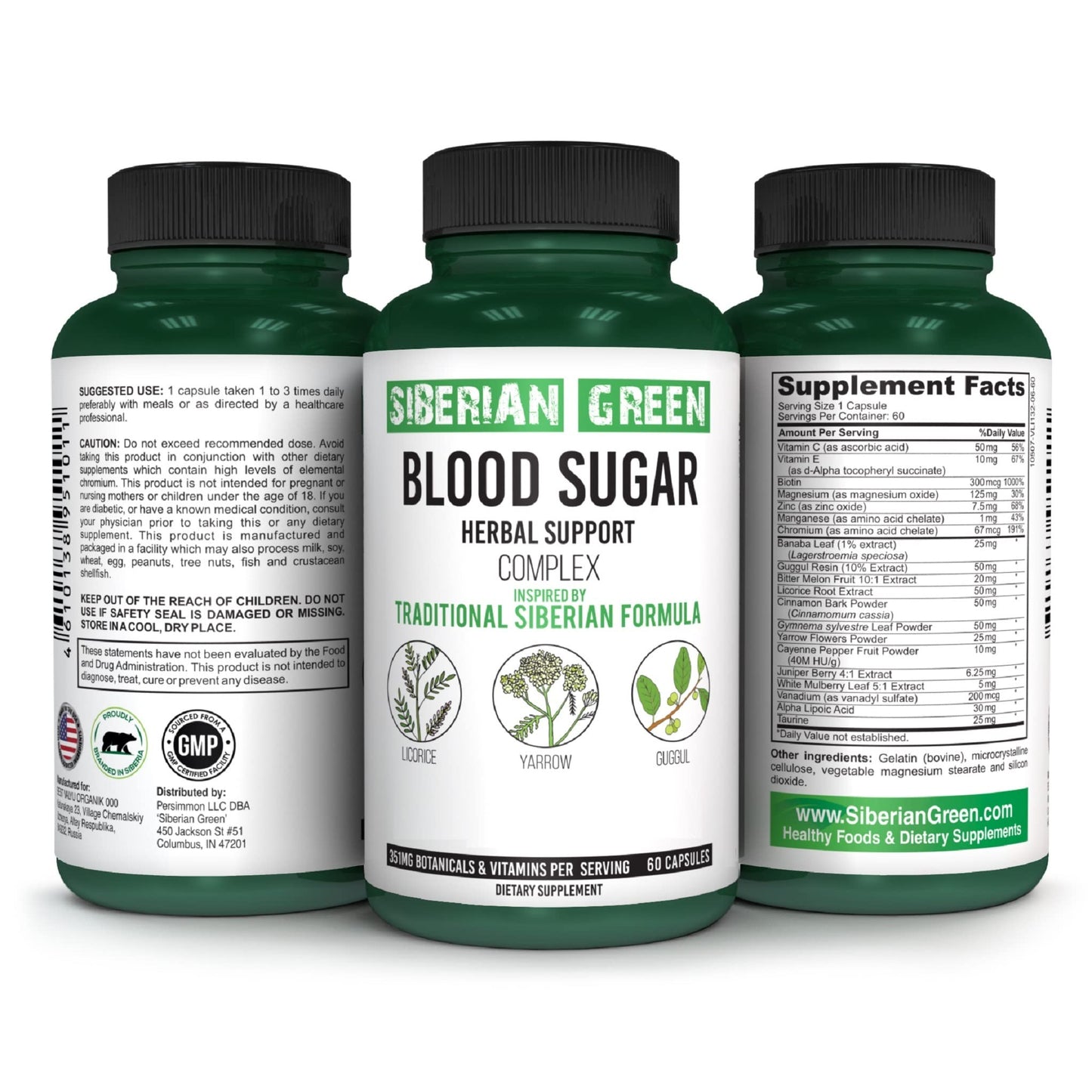 Siberian Green Sugar Herbal Support Yarrow Guggul Licorice 60 Capsules