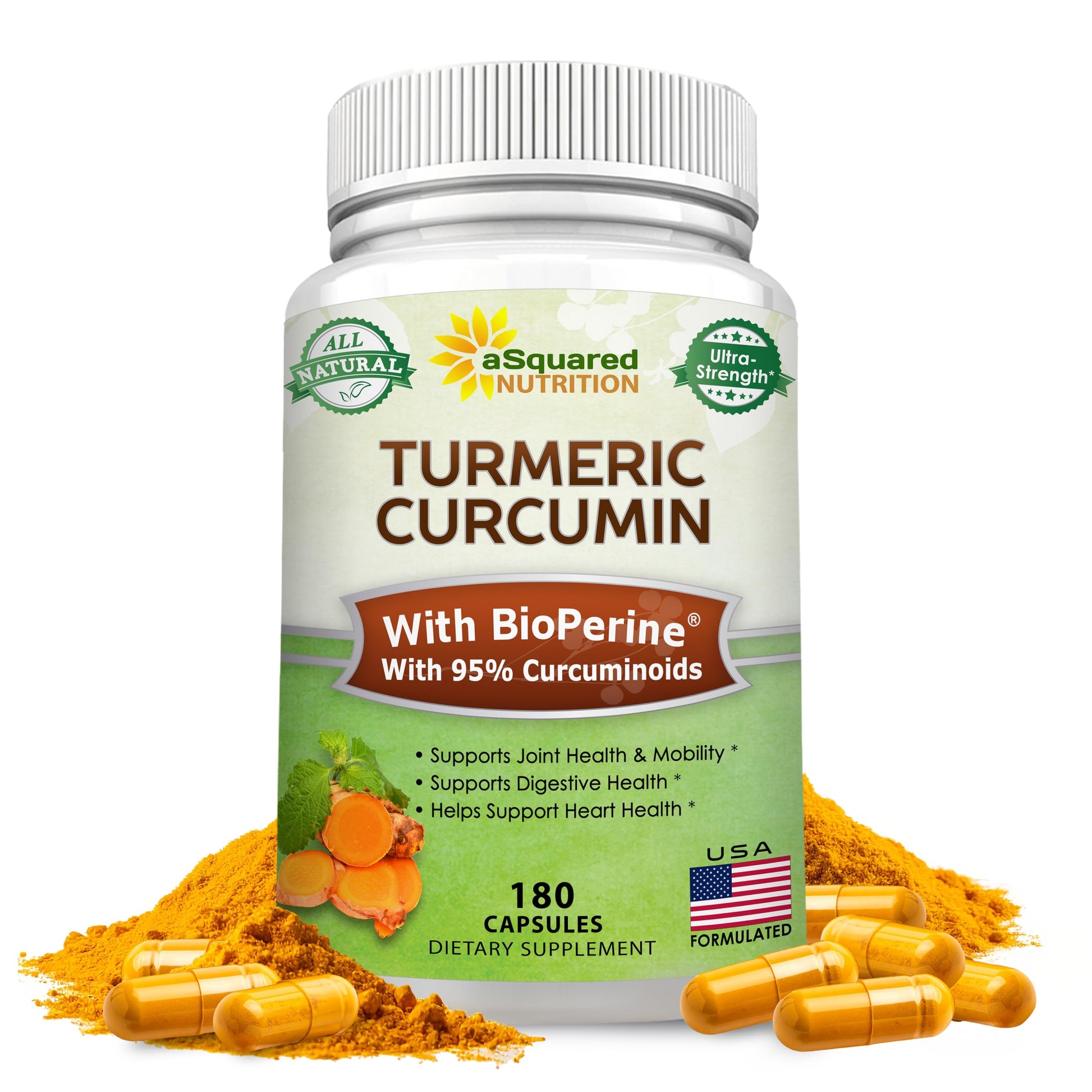 aSquared Nutrition Turmeric Curcumin 1300mg with BioPerine Black Pepper Extract 180 Capsules