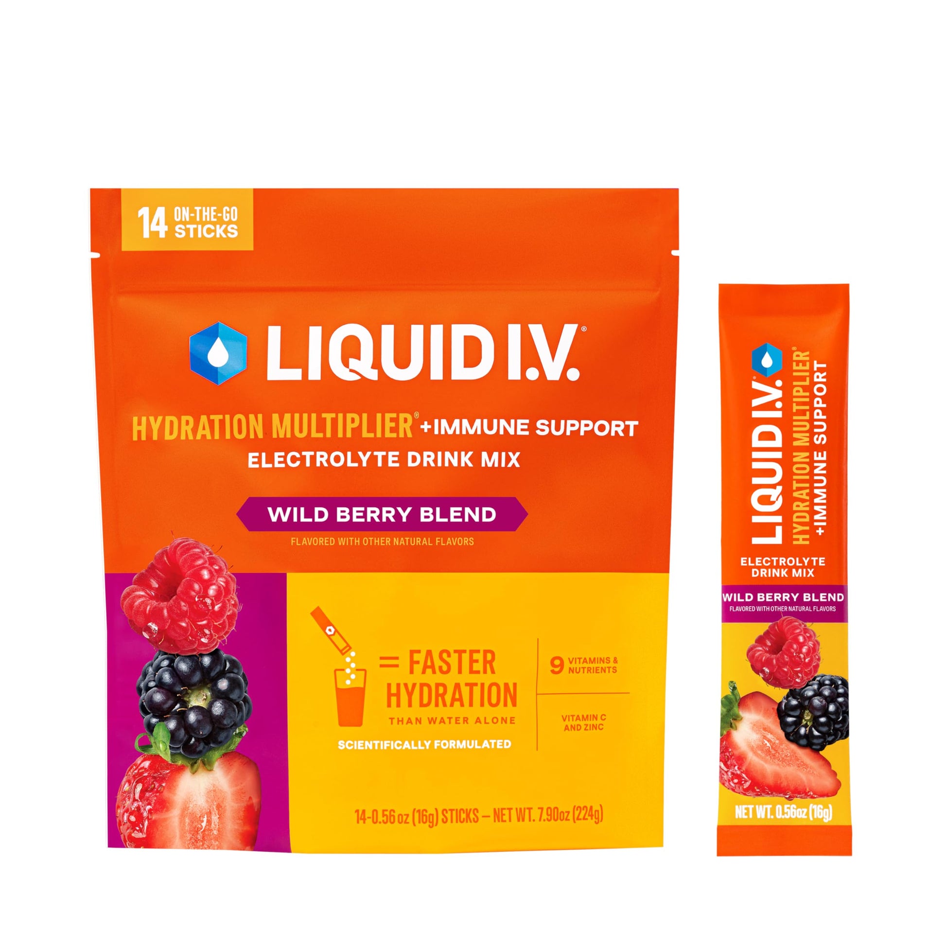 Liquid I.V. Hydration + Immune Electrolytes Powder Wild Berry, 7.9 oz