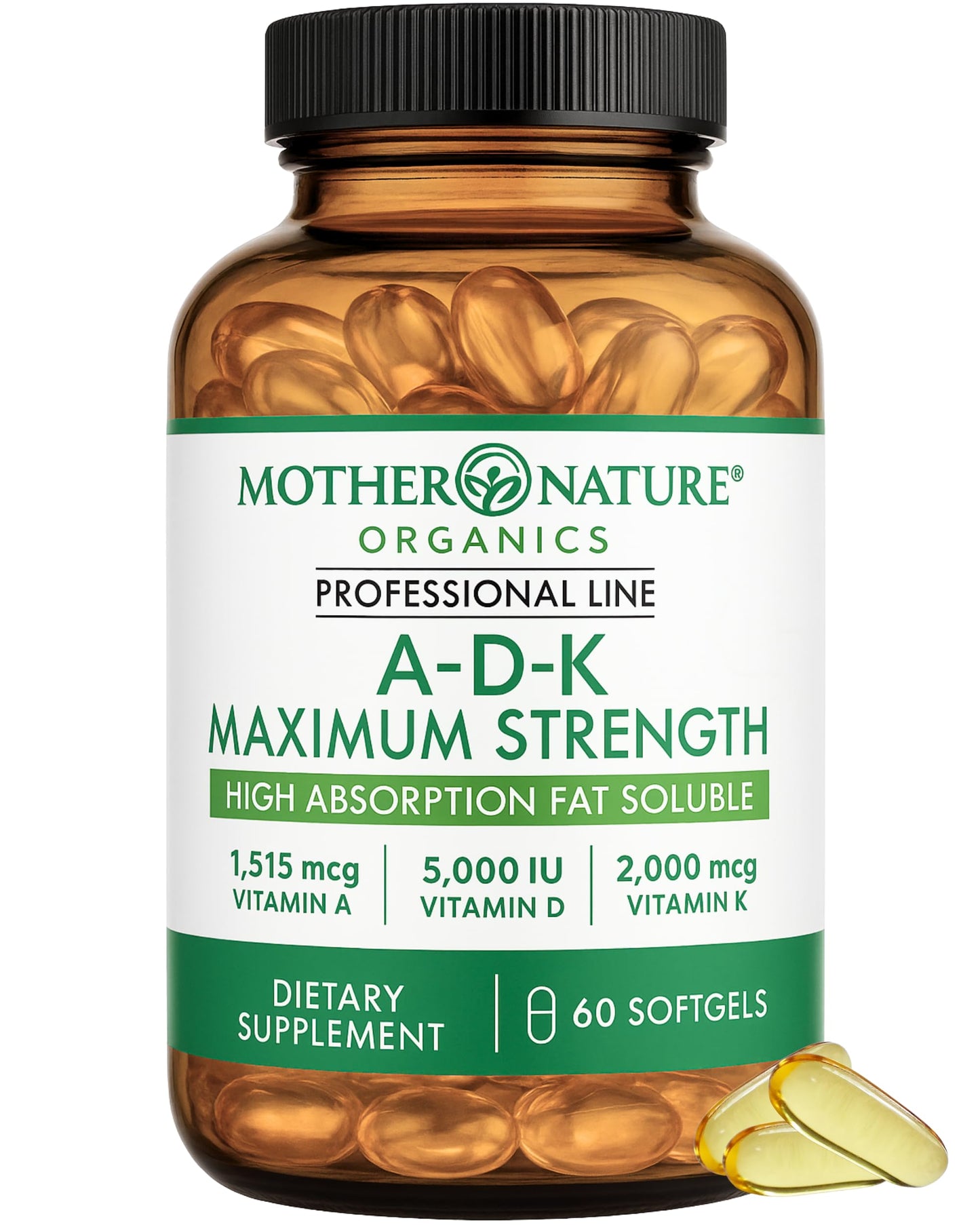 Mother Nature Organics Superfoods for Organic Living ADK Vitamin Supplement 5000 IU Vitamin D3 + A & K2 MK-7 High Absorption for Bone, Heart & Immune Support Softgels, 60 Count