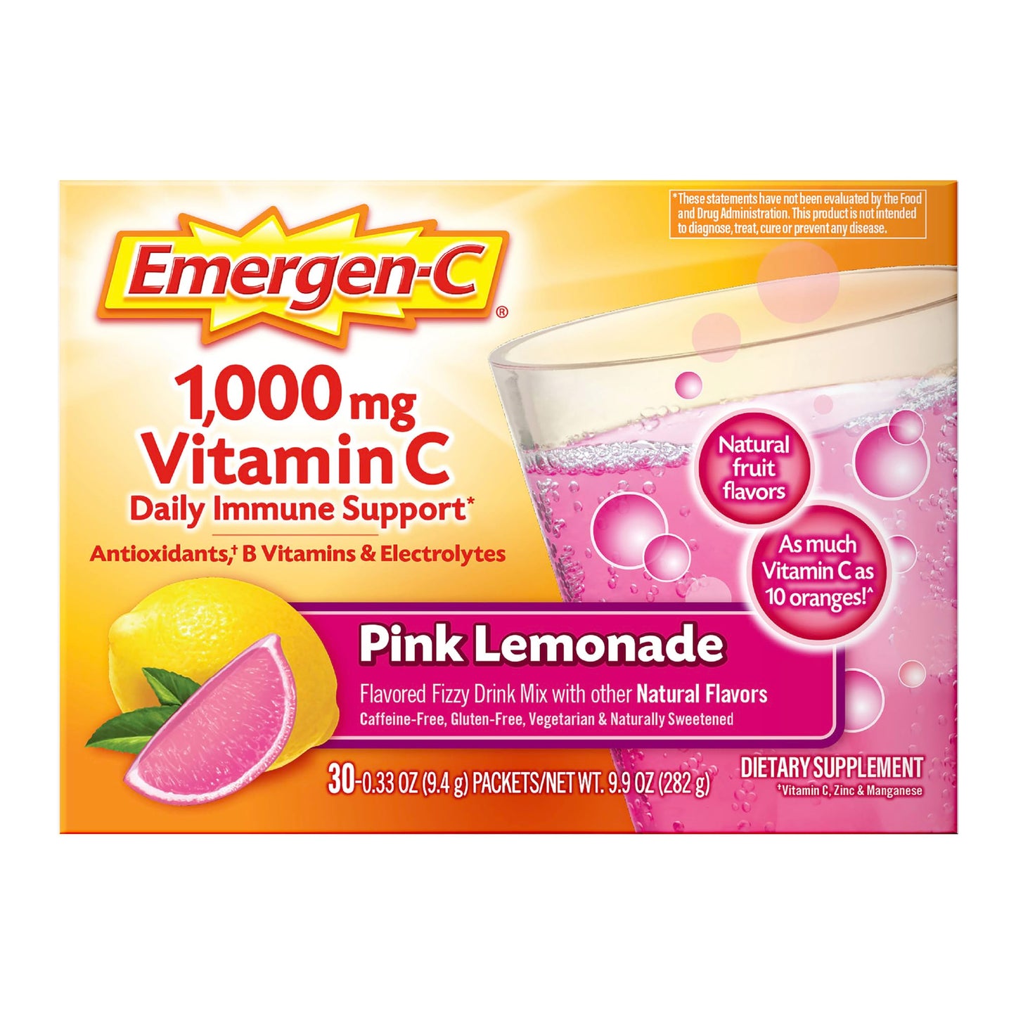 Emergen-C 1000mg Vitamin C Immune Support Powder Pink Lemonade, 9.9 oz, 30 Packets