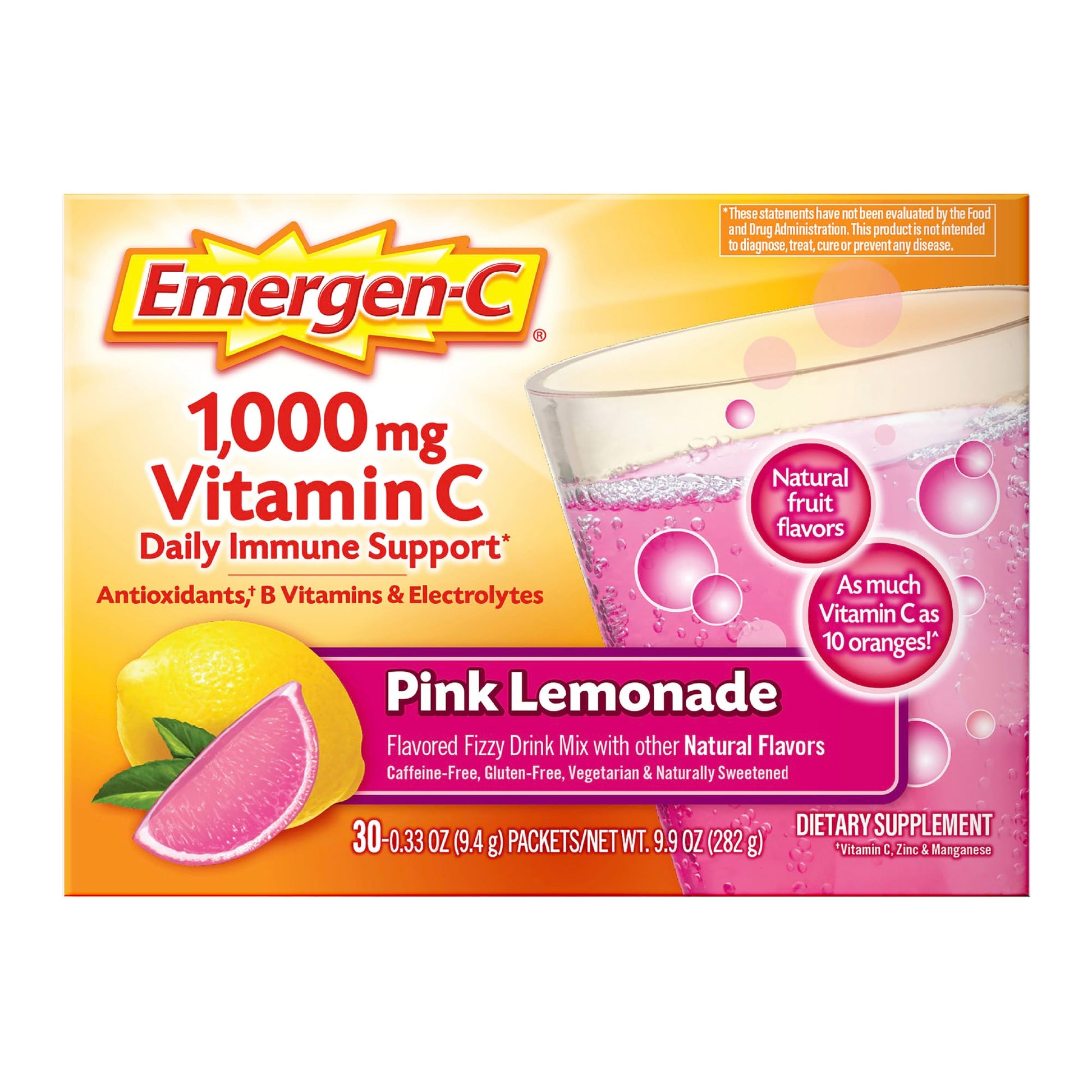Emergen-C 1000mg Vitamin C Immune Support Powder Pink Lemonade, 9.9 oz, 30 Packets