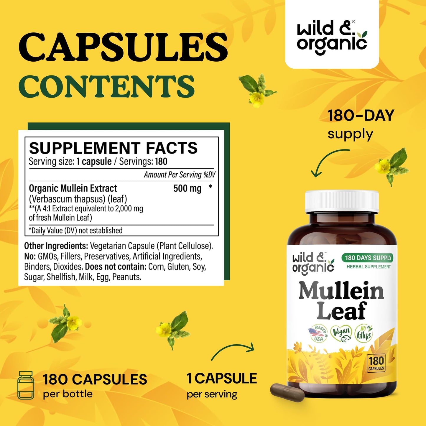 Wild & Organic Mullein Capsules 180 Count