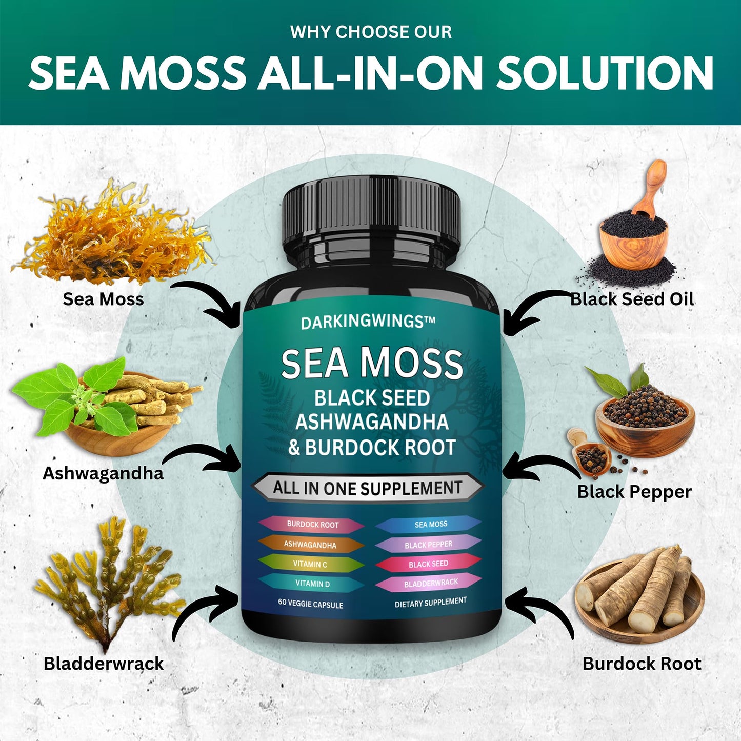 Darkingwings 8-in-1 Sea Moss Advanced Capsules 60 Count