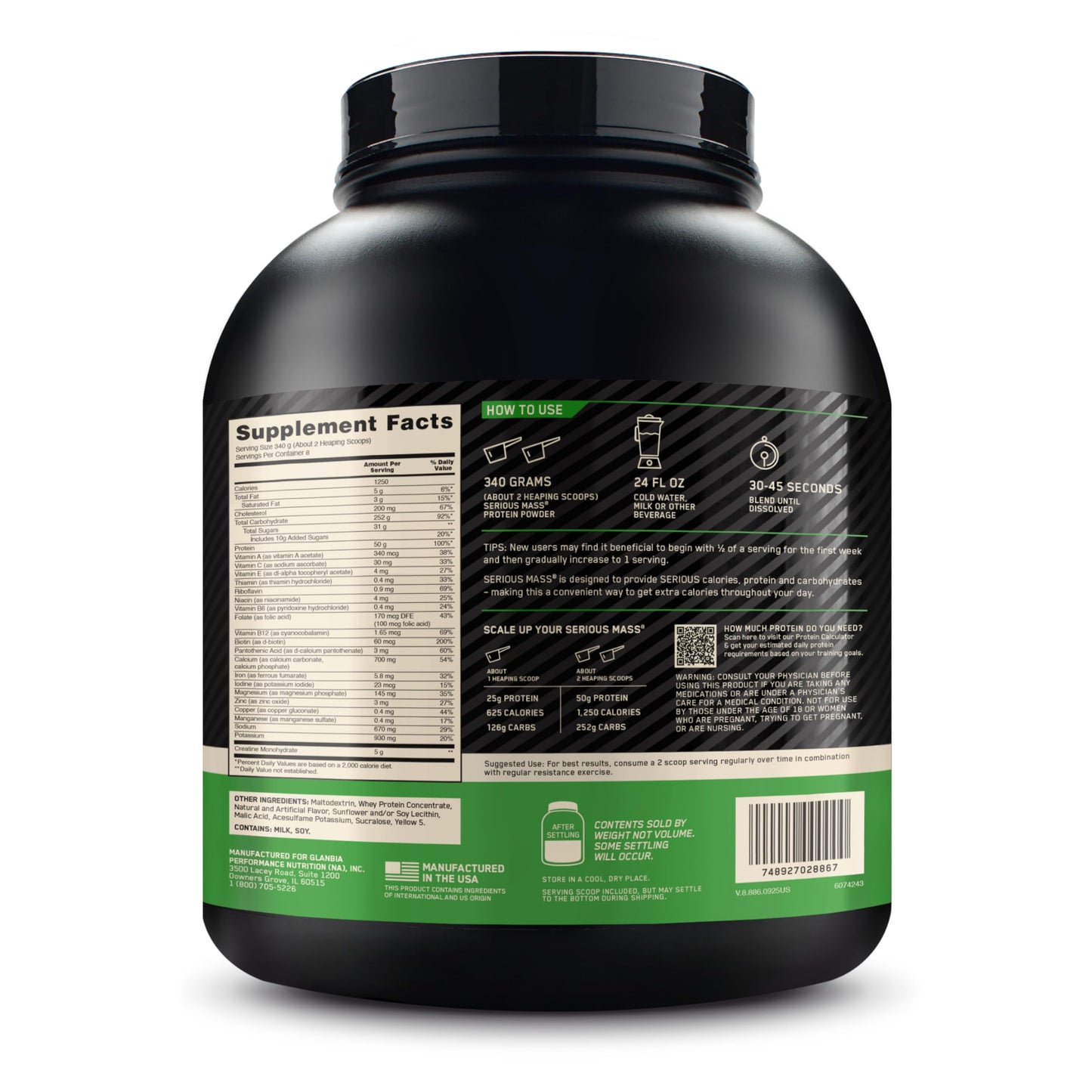 Optimum Nutrition Serious Mass Weight Gainer Protein Powder Banana, 6 Pound