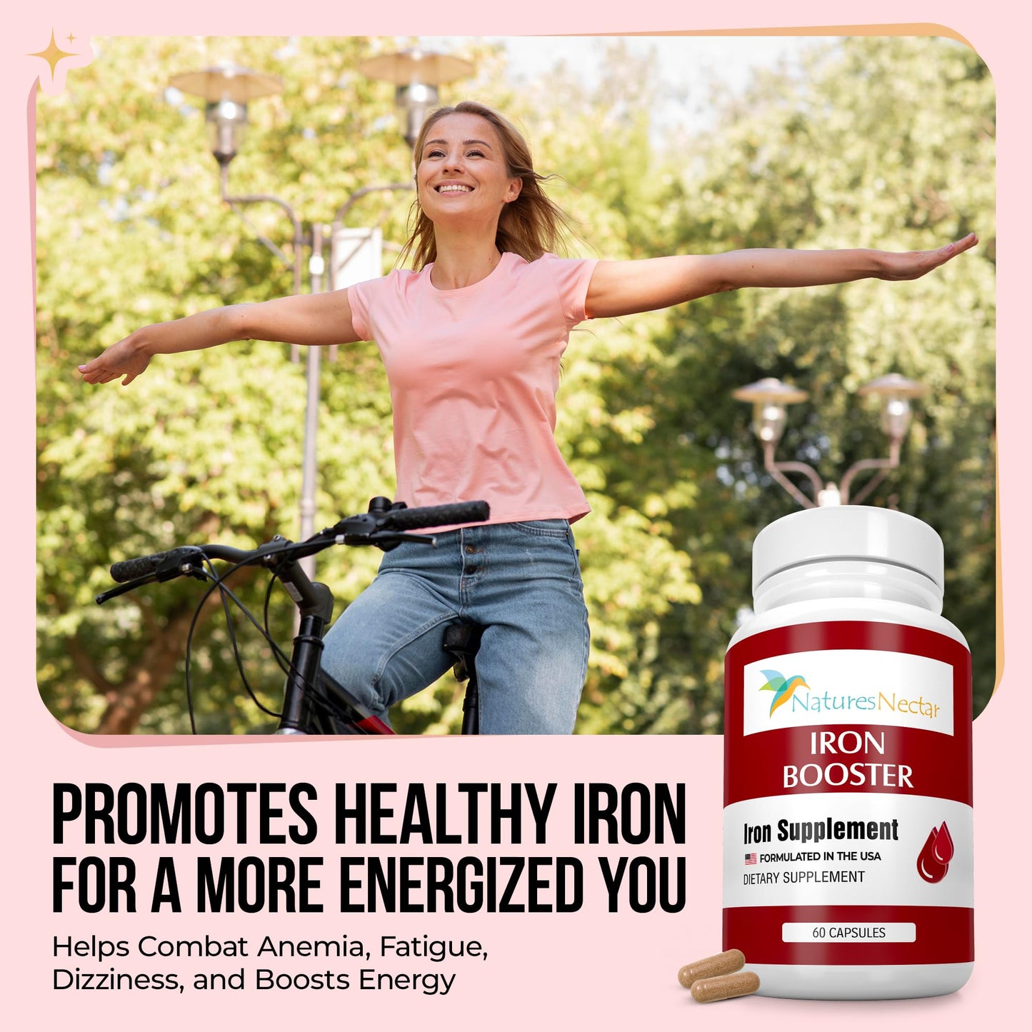 Nature's Nectar Blood Builder Iron Supplement – Slow Release Iron Capsules with Vitamin B-12, Folic Acid & Vitamin C, Supports Red Blood Cell Production, 60 Capsules