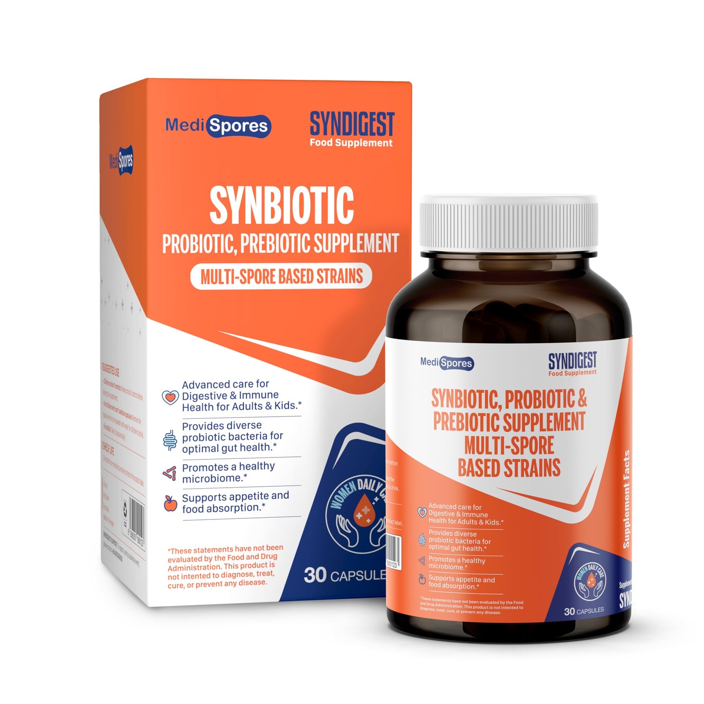 TMA Medispores Syndigest Probiotic Daily Care for Women & Men with 5 Probiotic & Prebiotic Strains, 30 Capsules