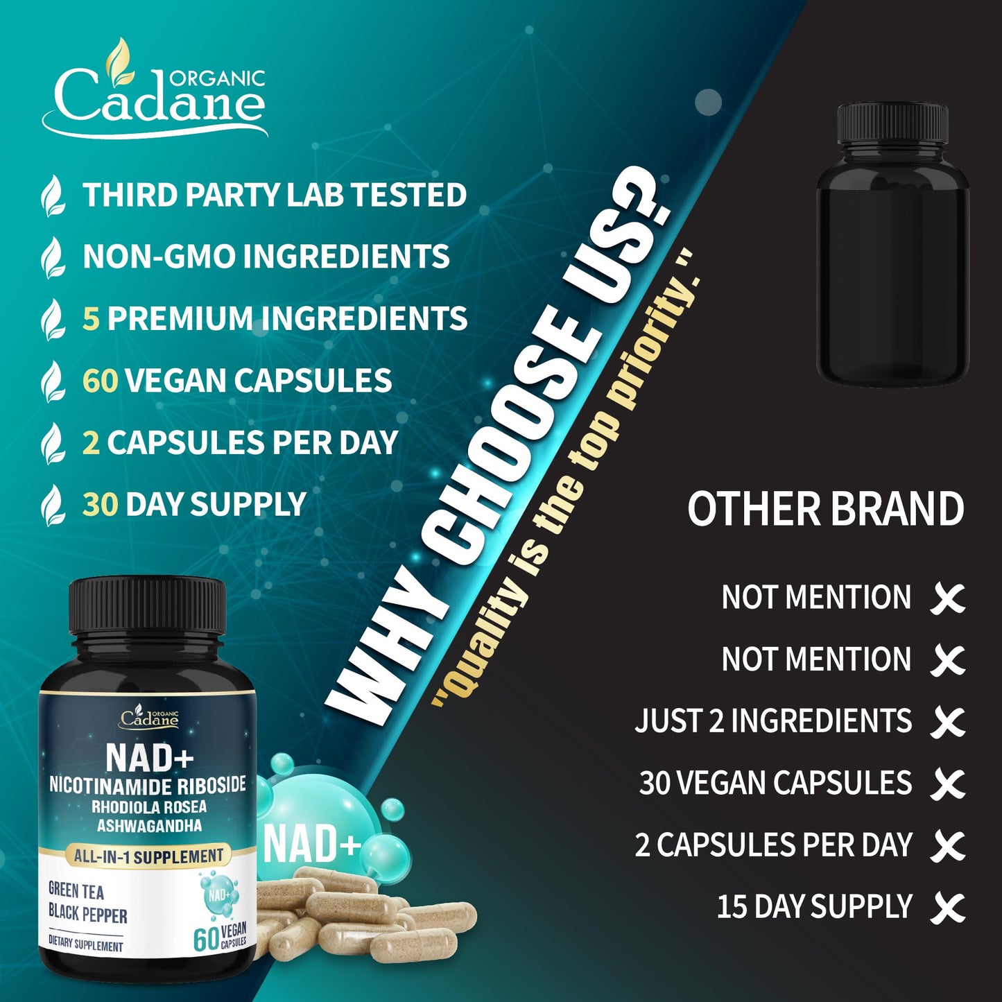 Organic Cadane Nicotinamide Riboside Supplement Capsule, 60 Capsules